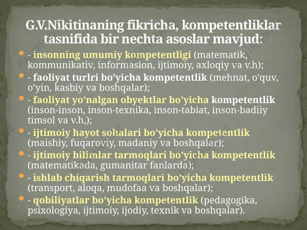 h vaqtini mazmunli tashkil etish, bajarilgan ishni baholay olish, oliy ta’limda tashkil etiladigan ma’naviy-ma’rifiy ishlarning shakllarini, pedagogik etika me’yorlarini bilish. mustaqil va ijodiy ishlarni tashkil etish bo’yicha: talabalarda mustaqil va ijodiy fikrlash ko’nikmalarini tarkib toptirishning ijtimoiy-pedagogik zarurati va nazariy asoslarini bilish; iqtidorli talabalarni aniqlash diagnostikasini bilish, talabalarning mustaqil ishini tashkiliy va o’quv-metodik ta’minotini yaratish yo’llarini bilish, o’quv materiali mazmuni asosida vosita, metod va shakllarini samarali tanlash va uyg’unlashtira olish. pedagog kasbiy kompetentligi yo’nalishlari talabalar o’zlashtirishi monitoringini amalga oshirishga tayyorlik bo’yicha: talabalar bilimini nazorat qilish va baholashning zamonaviy usullarini; reyting tizimi, nazorat turlari uchun differensiallashtirilgan topshiriqlarini tuza olish; talabalarning bilish faoliyatidagi tipik kamchiliklar va ularning javoblaridagi xatoliklarni aniqlashni o’rganish. o‘z-o’zini kasbiy rivojlantirishga tayyorgarlik bo’yicha: ta’lim beradigan fanlari turkumini ilmiy-nazariy jihatdan o’zlashtirish, ularning rivojlanish tarixi, fanda erishilgan yutuqlar, muammolar, ilmiy-tadqiqot va izlanishlar natijalaridan xabardor bo’lish; darsliklar, o’quv qo’llanmalari, o’quv-metodik adabiyotlarni tahlil qilish, ulardan ta’lim-tarbiya jarayonida samarali va o’z o’rnida foydalana olish. mutaxassislik …