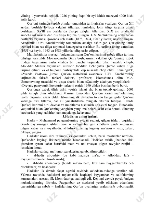u bakr qaffol shoshiy merosxurlaridan xuja ahror quliga utgan bulishi mumkin. xuja ahror va uning avlodlari bu nusxadan zamonalarining boshqa sufiy tariqatlari shayxlari bilan bulgan raqobat kurashida unumli foydalanganlar. bu nusxa vositasida ular uzlarining islom sarchashmalariga yaqinroq ekanliklarini isbotlamoqchi bulganlar. chunonchi, ishqiya tariqati shayxlari ahroriy naqshbandiylarga qarshi qur’onning uz qadimiy nusxalariga – katta langar qur’oniga ega bulganlar. ikkinchi bir rivoyatda esa, xuja ahror muridlaridan biri makkadan haj qilib qaytayotganida istambulga kiradi va sultonni ogir hastalikdan davolaydi. sulton minnatdorchilik bildirib, unga qur’onni hadya qiladi. kupchilik arabshunos olimlarning fikricha, bu qur’on amir temur (1370-1405) tomonidan basradan kuplab qulyozma kitoblar va boshqa uljalar bilan birga samarqandga keltirilgan va temurning mashhur kutubxonasiga quydirilgan. temuriylar davridagi (1405-1506) uzaro kelishmovchiliklarda temur kutubxonasi yondirilib uyborilgan. tasodifan shu nusxa omon qolgan. bu fikr haqiqatdan uzoqroq. chunki amir temurning kutubxonasi haqidagi farazlar hali isbotlangani yuq. ikkinchi tarafdan, amir temur zamonida boshqa bir qur’on nusxasi hukmdorlar diqqat-e’tibori markazida edi. bu …