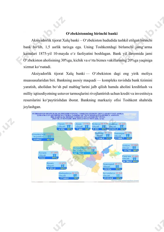 0-mayni filialning rasman ochilish kuni ekanligini ma’lum qilib sirdaryo okrugi general-gubernatoriga maktub jo‘natadi. 187510 - may davlat bankining toshkent filiali (birlamchi jamg‘arma kassalari) rasman ochildi hamda aholiga 8 turdagi bank xizmatlarini ko‘rsata boshladi. 1896 samarqand, buxoro, xiva, qo‘qon, marg‘ilon va boshqa yirik shaharlarda bank filiallari ochildi. 1925 butun tarmoq jamg‘arma kassalari ittifoq davlat mehnat jamg‘arma bankiga aylantirildi. 199327 - avgust o‘zbekiston respublikasi vazirlar mahkamasining 430-sonli qarori bilan o‘zbekiston respublikasi mehnat jamg‘armalari va aholiga kredit berish davlat-tijorat banki (“o‘zjamg‘armabank”)ning ustavi tasdiqlandi hamda uning asosiy vazifa va funksiyalari belgilandi. 19954 - oktabr o‘zbekiston respublikasi hukumatining “o‘zjamg‘armabank”ni o‘zbekiston respublikasi xalq bankiga aylantirish to‘g‘risidagi qarori qabul qilindi. 199510 - oktabr vazirlar mahkamasining 386-son qaroriga asosan “o‘zjamg‘armabank” o‘zbekiston respublikasi xalq bankiga aylantirildi. 20042 - dekabr o‘zbekiston respublikasining o‘rq-702-ii sonli qaroriga asosan fuqarolarni jamg‘arib boriladigan pensiya tizimida hisobga olish xalq banki tomonidan amalga oshirilishi belgilandi. 201524 - aprel o‘zbekiston respublikasi prezidentining “аksiyadorlik jamiyatlarida zamonaviy korporativ boshqaruv …