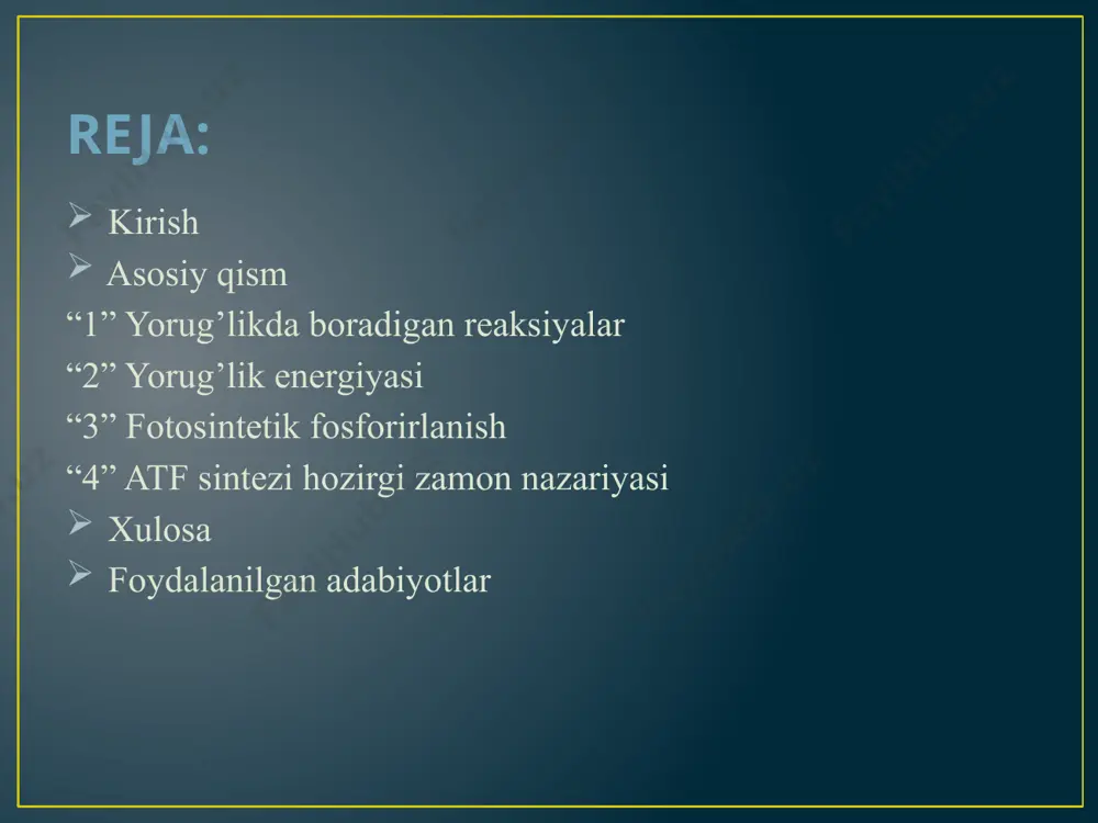 ning quyosh yorug’lik energiyasi kvantlar va fotonlarini yutishdan boshlanadi va buning natijasida qaytaruvchi modda- agent nadf*n*h hamda energiya atf hosil bo’ladi. yorug’lik energiyasi quyoshning yorug’lik energiyasi kvantlar yoki fotonlar holida tarqaladi va elektromagnit tebranish harakatiga ega. qisqa to’lqin uzunligida ko’p energiya bo’lsa uzun to’lqin uznlikda aksincha bo’ladi. fotosintez jarayonida ko’proq to’lqin uzunligi 400-720 nm bo’lgan nurlar ishtirok etadi. xlorofil malekulasi yorug’lik energiyasini kvantlar yoki fotonlar holida yutadi. buning natijasida xlorofildagi elektronlar qo’zg’algan holatga o’tadi va pigment ham qo’zg’aladi. bunda elektron asosiy darajadan (c0) birinchi singlet darajaga (c1) o’tadi va bu juda qisqa vaqt davom etadi. shu qisqa vaqt ichida elektron energiyasi sarflanib pigment avvalgi tinch holatga qaytadi va yangidan boshqa kvantni yutishi mumkin. agar elektron to’lqin uzunligi qisqa ko’k binafsha nurlarda bir kvant yutsa yanada yuqoriroq singlet darajaga o’tadi. elektronlar qisqa vaqt ichida singlet darajadan birinchi singlet darajaga tushadi. bu vaqt kvant energiyasining bir qismi, issiqlikga aylanib sarf bo’ladi. fotokimyoviy …