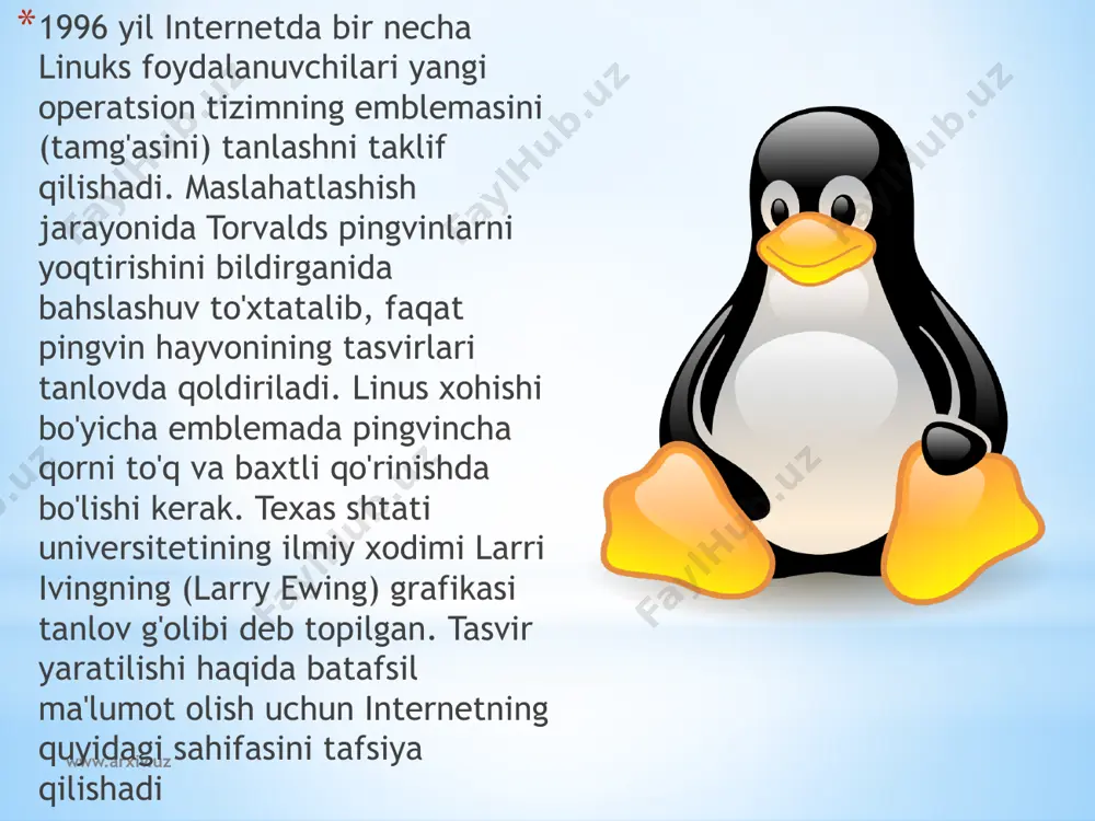 cha ulushga ega: 500tadan 25 superkompyuter unix oilasiga mansub tizimlardan foydalanadi, ularnning orasida ibm tomonidan ishlab chiqilgan unix tipidagi aix yopiq tizimi mashhur – 22 tizim. kam ommalashganlik bo’yicha bsd hamda opensolaris tizimlari bo’lib ularning har birining bittadan tizimi o’rnatilgan. o’n yil oldingi statistikaning hozirda aksi kuzatilmoqda, u vaqti 99.4% superkompyuterlar unix tipidagi otlar bilan qurollangan edi. linux o’ziningzafarliyurishlarini 2003 yildatjg-500 tizimi bilan boshlagan edi. o’shanda 500 superkompyuterdan 184 tasi ushbu ot bilan ta’minlangan edi. www.arxiv.uz linux superkompyuterlar uchun eng ommabop operatsion tizim bo’lib qolmoqda www.arxiv.uz linux – ko’p masalali, ko’p foydalanuvchili to’la honli opеratsion tizimdir (xuddi unix boshqa vеrsiyalari kabi). bu, bir vaqtning o’zida, bitta mashinada, ko’p foydalanuvchilar, parallеl holda, ko’pgina dasturlarni bajargan holda ishlashi dеgan so’zdir. linux tizimi. unix uchun qator standartlar bilan bеrilgan matnlar darajasida mutanosibdir (sovmеstim). unix uchun intеrnеt orhalierkin tarhatiladigan datsurlar, linux uchun, amalda kam o’zgartirishlarsiz kompilyatsiya qilinishi mumkin. bundan tashqari, linux uchun hamma bеrilgan …