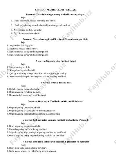seminar mashg‘uloti rejalar to‘plami: nerv tizimi va oliy nerv faoliyati — DOCX