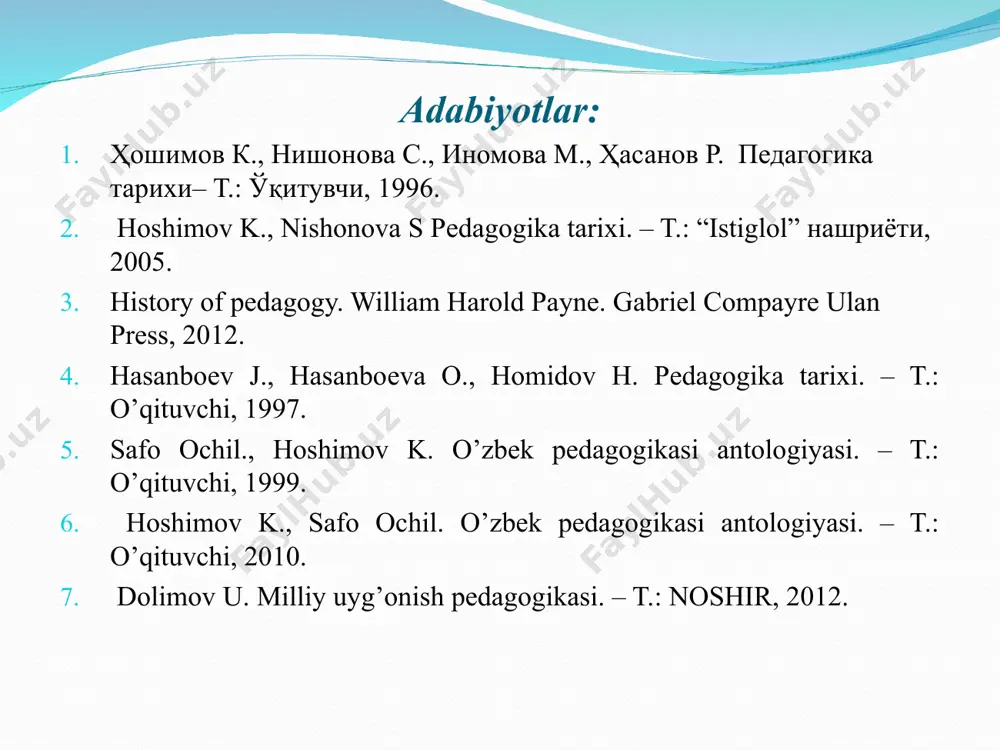 ing istiqlol yo`lidagi birinchi qadamlaridanoq buyuk ma’naviyatimizni tiklash va yanada yuksaltirish, milliy ta’lim - tarbiya tizimini takomillashtirish, uning milliy zaminini mustahkamlash, zamon talablari bilan uyg`unlashtirish asosida jahon andozalari va ko`nikmalari darajasiga chiqarish maqsadiga katta ahamiyat berib kelinmoqda“. "xalqimiz tayanchi - ajdodlarimiz qoldirgan ma’naviy merosning o`zi bir xazina. bu xazinadan oqilona fodalanishimiz lozim". birinchi prezidentimiz i.a.karimov "tarixiy xotirasiz kelajak yo`q" degan fikr faqat ijtimoiy - siyosiy sohaga emas, balki ta’lim - tarbiyamiz va pedagogikamiz sohasiga ham taalluqlidir. pedagogikamiz tarixini, o`tmishda ta’lim - tarbiya amaliyoti va nazariyasi qanday bo`lganligini bilmasdan turib hozirgi ta’lim - tarbiyamizda yuksak darajaga erishib bo`lmaydi. pedagogika tarixi qadim zamonlardan tortib to hozirgi kungacha bo`lgan urli tarixiy davrlarda tarbiya, maktab va pedagogika nazariyalarining taraqqiyotini davrlar talabi asosida o`rganib keladi. pedagogika tarixi ijtimoiy fan bo`lib, uning metodologik asosi yosh avlodni tarbiyalash an’analarini, jamiyatning taraqqiyot bosqichlaridagi o`qitish va kamol toptirish tizimlarini, ularning qonun- qoidalarini, qomusiy mutafakkirlar, ma’rifatparvar adiblar va pedagoglarning ta’lim …