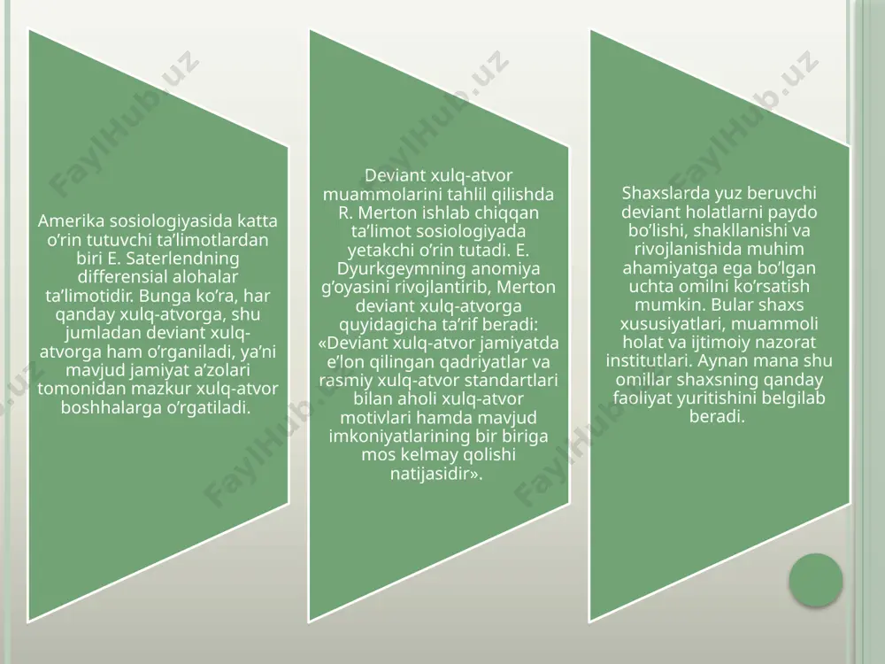 g ko’lamda biridan ikkinchisiga o’tib turadi muammoli holatning mazmuni subyektning individual maqsadlari bilan jamiyat manfaatlari orasidagi maqsadlar va unga erishishning mumkin bo’lgan vositalari orasidagi; faoliyatning kutilayotgan oqibatlari va uning qo’shimcha natijasi (ijobiy yoki salbiy) orasidagi, shuningdek ijtimoiy me’yor talablari va shaxs xususiyatlari orasidagi ziddiyatlarning (ko’pincha o’ylab chiqarilgan) paydo bo’lishidan iboratdir. me’yor buzilishlar tizimida ijtimoiy ta’sir jihatlaridan farqlanuvchi qadriyatlarni ajratib tahlil etish o’rinlidir. ijtimoiy ma’naviy zarar darajalarini pastligi va yuqoriligiga ko’ra deviant holatlarning tavsiflanishi ijtimoiy-huquqiy ahamiyatiga ko’ra qonunlar tizimi hamda jamiyat tomonidan qabul qilingan axloqiy tamoyillar orqali amalga oshiriladi. ushbu tavsiflanish bir necha faktorlarga: deviant xulq-atvorga munosabat bildirayotgan kishiga, qonunbuzuvchining shaxsiga, me’yor buzilish yuz bergan konkret holatga, qonunbuzilish va boshqa sharoitlarning o’ziga xosligiga hamda ahamiyatiga bog’liq bo’ladi. jamiyat a’zolari shaxsiy nuqtai nazarlarining shakllanishiga, ularning deviant xulq-atvorga nisbatan ijtimoiy fol munosabatlarini tarkib topishiga tarbiyaviy jarayonlar uchun bevosita mutasaddi shaxslar, tashkilotlar rahbarlarining o’rni va roli kattadir. «ba’zilarga mumkin - boshhalarga mumkin emas», «qozir …