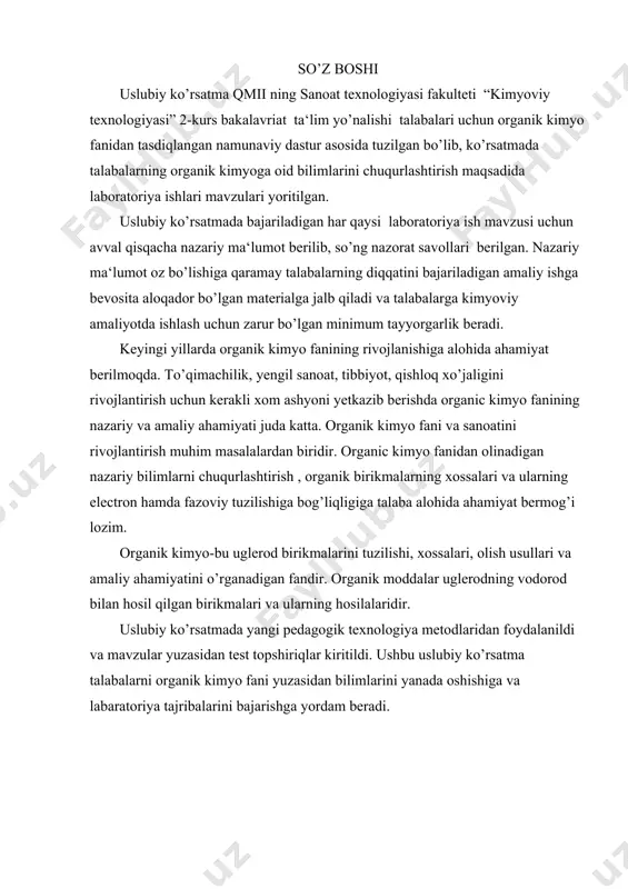 chisiga sovitgich ulang. sovitgich rasmda ko’rsatilgandek reaktsion kolbatomon nishab qilingan bo’lsin. sovitgich ko’ylagi ichida suv oqmaydigan, turg’in holatda 30 s da bo’lsin. tomizgich voronkaga spirt bilan sulfat kislota aralashmasini joylang. aralashma alohida idishda, ehtiyot choralari ko’rilgan holda tayyorlagan bo’lsin. reaktsion kolbani suv hammomida asta qizdiring. reaktsiya ohista, shunday me’yorda borsinki, tomayotgan aralashma muhitni ko’pirtirib yoki bug’latib yubormasin. oksidlanish jarayoni boshlanganini muhitning qizg’ish rangini to’q-yashilga o’tishidan bilsangiz bo’ladi. yuqori haroratda qaynovchi dastlabki va ikkilamchi mahsulotlar sovitgichdan pastga qaytadi. hosil bo’lgan sirka aldegid muzda sovitilayotgan yig’gich idishga yig’iladi. aldegidni ko’proq miqdorda olish qiyin. lekin olingan aldegid – miqdori keyingi tajribalar uchun etadi. uning miqdorini o’lchang tqayn=21oc, zichligi, nur sindirish ko’rsatkichi . talaba tajribani bajarishdan avval o’qituvchi tomonidan berilgan asosiy reagentlardan birining miqdorlarga asoslangan holda quyidagi jadvallar yordamida hisob qismini bajaradi, so’ngra tajribaning nazariy unumini hisoblab chiqadi. sintez uchun olingan birikmalarning fizik-kimyoviy konstantalari nomi molekulyar massasi tqayn tsuyuq k2sr2o7 297,18 1,68 - 378 …
