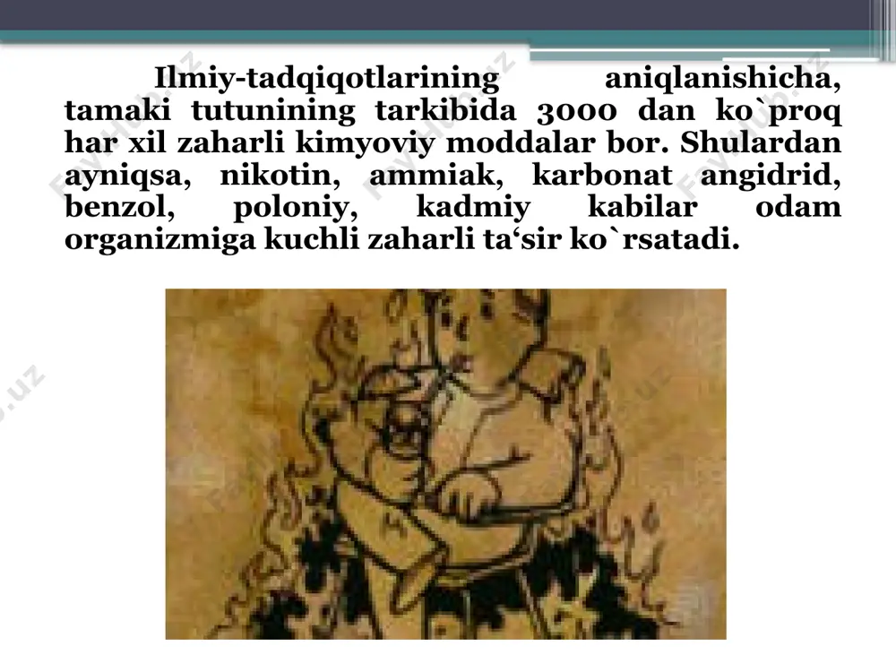 di, lablari ko`karadi. shuningdek, jigar soxasida (o`ng qovurga ostida) og`riq paydo bo`ladi. buyraklari kasallanishi to`fayli ertalab uyqudan turganda ko`zlarining osti shishgan bo`ladi.kechqurun esa oyoqlari shishadi. shunday qilib, ko`p yillar nos chekish natijasida odam asta-sekin aqliy va jismoniy jihatdan zaiflashadi, ish qobiliyatini yo`qotadi, vaqtidan ilgary keksayadi va nogironga aylanadi ichkilikbozlik eng qadimgi illatlardan biri — ichkilikbozlik sababli yuz bergan kulfatlar, fojialar to‘g‘risida o‘tmishdan ham, bugungi kundan ham ko‘plab misollar keltirish mumkin. ichkilik nafaqat oddiy odamlar, qancha iste’dodlar, davlat va jamiyatlar mag‘lubiyatiga sabab bo‘lgan. afsuski, bugun ham ichkilikbozlik oilalarga notinchlik, musibat va g‘am olib kirayotir. nav-nihol yigitlarning umrini xazon etmoqda. jinoyatlarning aksariyati ham ichkilikbozlik ortidan sodir etilishi o‘z isbotini topgan. shuningdek, yo‘l transport hodisalarida ichkilikning «his­sasi» har doim salmoqli bo‘lib kelgan. '"kaykovus, yusuf xos hojib, beruniy, ibn sino, umar hayyom, sa'diy, alisher navoiy, bobur kabi do-nishmandlarimiz ham ichkilikbozlikning’ zararli oqi-batlarini ko’rsatib, odamlarni unga ruju qo’ymaslikka davat etganlar. alisher navoiy ichuvchi kishi «yomon …