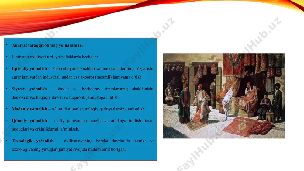 insoniyatning ijtimoiy hayoti, uning ishlab chiqarish faoliyati, siyosiy tizimi, ma’naviy-ma’rifiy qadriyatlari hamda texnik-texnologik imkoniyatlarining tarixiy rivojlanish jarayoni tushuniladi. bu jarayon quyidagi belgilar bilan xarakterlanadi: jamiyatning doimiy o‘zgarishi va yangilanishi. insonning tabiat ustidan hukmronlik qilish imkoniyatlarining ortishi. ijtimoiy munosabatlarning murakkablashuvi. inson erkinligi va huquqlarining kengayishi. yangi g‘oyalar, mafkuralar va qadriyatlarning shakllanishi. jamiyat taraqqiyotining asosiy yo‘nalishlari jamiyat rivoji bir yoqlama emas, balki ko‘p qirrali yo‘nalishlarda kechadi: iqtisodiy yo‘nalish – ishlab chiqarish kuchlari va mehnat unumdorligining ortishi, agrar xo‘jalikdan sanoat jamiyatiga va undan axborot iqtisodiyotiga o‘tish. siyosiy yo‘nalish – davlat boshqaruvining mukammallashuvi, huquqiy davlat va demokratiya institutlarining shakllanishi, fuqarolik jamiyatining rivojlanishi. ijtimoiy yo‘nalish – tabaqalanishdan ijtimoiy tenglikka intilish, mehnatkashlar huquqlarini himoya qilish, gender tenglikni ta’minlash. ma’naviy va madaniy yo‘nalish – ilm-fan, adabiyot, san’at, din va axloqiy qadriyatlarning yuksalishi. texnologik yo‘nalish – texnika taraqqiyoti, raqamli transformatsiya, kosmik tadqiqotlar, sun’iy intellekt va nanotexnologiyalar. global yo‘nalish – xalqlar o‘rtasidagi integratsiya, xalqaro hamkorlik, dunyo miqyosida barqaror taraqqiyotga …