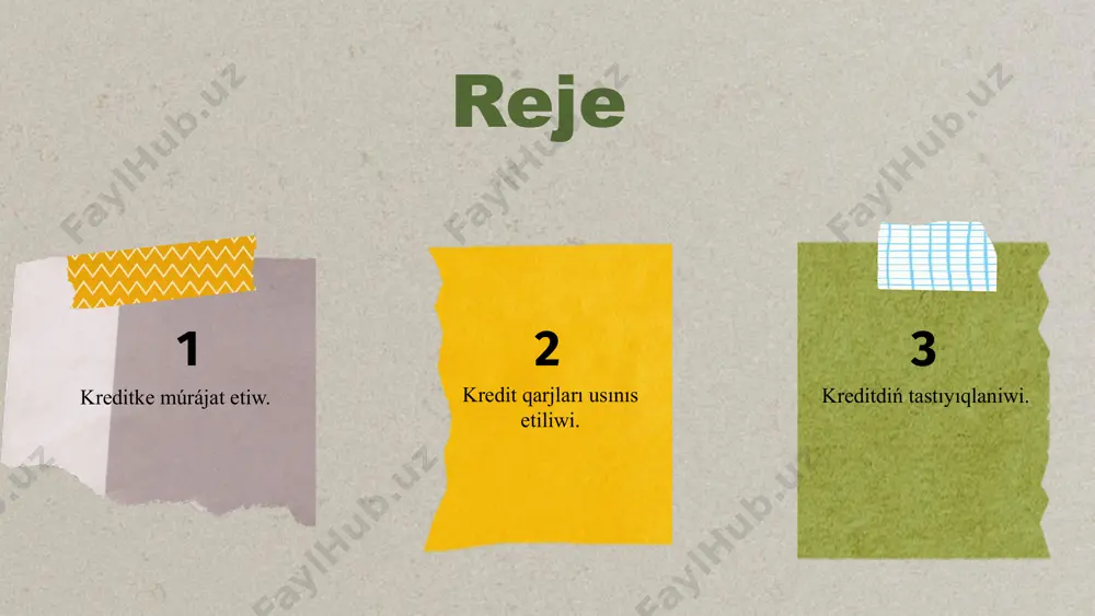 basqıshta klientke belgilengen kredit summası beriledi. tólemler hám monitoring: kredit berilgennen soń, klient turaqlı túrde tólemlerdi ámelge asıradı. bank yamasa finanslıq mákeme qarıydardıń tólemlerin baqlap baradı hám kerek bolsa, mashqalalar júzege kelgende qarıydarǵa járdem beredi. kreditti juwmaqlaw (tolıq tólew): klient kreditti belgilengen múddette tolıq tólep, shártnama juwmaqlanadi. eger tólemler óz waqtında ámelge asırılsa, kredit tawsıladı hám klienttiń kredit tariyxı jaqsılanadı. kreditti ózgertiw yamasa qayta qarjılandırıw: eger klient kreditti tólewde qıyınshılıqqa dus kelse yamasa procent stavkalarındaǵı ózgerislerden payda alıwdı qálese, bank yamasa finanslıq shólkem menen kreditti qayta qarjılandırıw yamasa ózgertiw haqqında kelisiw múmkin. bul basqıshta shártnama shártleri, procent stavkası hám tólem múddetleri qayta kórip shıǵıladı. kreditti qaytarıw yamasa aldınnan tólew: klient, sonday-aq, kreditti belgilengen múddetten aldın tolıq yamasa bir bólegin tólewdi qálese, bank penen másláhátlesiwi múmkin. bunda ayırım bankler aldınnan tólewge qosımsha komissiya yamasa járiyma alıwı múmkin. kredit hújjetlerin jabıw: kreditti tolıq qaytarıp bolǵannan keyin, bank yamasa finanslıq shólkem kreditti jabıw …