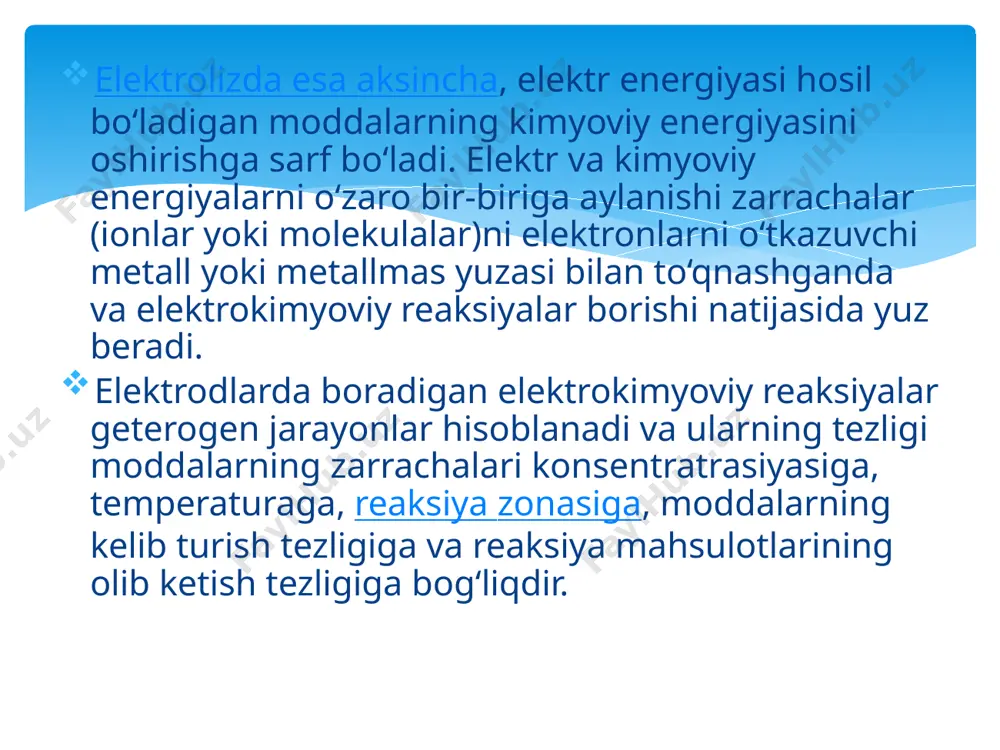 slotaning ekvivalent miqtasigacha kamayadi, so'ngra sekin-asta ortib borib, kuchsiz kislota ekvivalent nuqtasidan keyin keskin ko'tarilib ketadi. elektr o`tkazuvchanlikni biologik ahamiyati. konduktometrik tahlil usullari organizmning klinik holatini tezkor usul bilan baholashda yaxshi samara beradi. turli to‘qima va biologik suyuqliklarning elektro‘tkazuvchanligi turlicha. orqa miya suyuqligi, limfa, o‘t (safro), qonning elektr o‘tkazuvchanligi juda yuqori; mushak, teri osti kletchatkasi, bosh miyaning kul rang moddasi ham elektr tokini yaxshi o‘tkazadi. o‘pka, yurak, jigar elektr tokini birmuncha kam o‘tkazadi. e’tiboringiz uchun raxmat! image2.jpg image3.jpg image4.jpg image5.jpg image6.jpg /docprops/thumbnail.jpeg