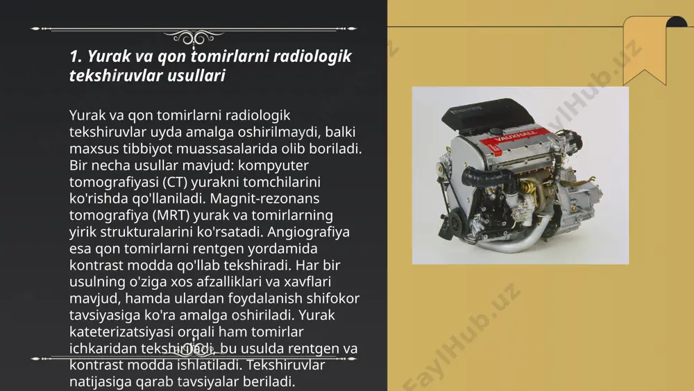 l yurak kasalliklarini erta aniqlash imkoniyatini berib, vaginal angiografiya talab qilmaydi. mrt nurlanishdan xalos ekanligi bilan ham xavfsiz hisoblanadi. mrt bilan yurak ishemik kasalliklari, miokard infarkti va aritmiyalarni aniqlashda yuqori sezgirlik va aniqlik darajasiga erishish mumkin. bu jarayon taxminan 30-60 daqiqani oladi. ... t.me/slaydai_bot angiografiya yurak va qon tomirlarni baholashda qo‘llaniladigan invaziv tibbiy usuldir. bu usul orqali maxsus kontrast moddasi tomirlarga yuboriladi va rentgen yordamida tasvir olinadi. angiografiya yurak arteriyalarining holatini aniqlash, tromb yoki stenoz borligini aniqlashda yordam beradi. jarayon odatda 1-2 soat davom etadi va minimal narkoz talab etadi. komplikatsiyalar xavfi past, ammo 1-2% hollarda qon ketishi yoki infektsiya kuzatilishi mumkin. yetmish yoshdan katta kishilarda yurak kasalliklarini aniqlash uchun keng qo‘llaniladi. angiografiya natijalariga ko‘ra, davolash usullari, jumladan, angioplastika yoki stent qo‘yish tavsiya etilishi mumkin. ... t.me/slaydai_bot 7. yurak va qon tomir tekshiruvlarida rentgenning afzalliklari rentgenografiya yurak va qon tomir tekshiruvlari uchun bir qator afzalliklarga ega. asosan, u ancha tezkor …