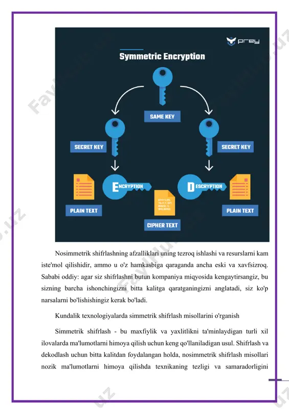 igini saqlaydi. 2. hujjatning haqiqiyligi va yaxlitligi uchun raqamli imzolar (masalan, adobe sign, docusign): assimetrik shifrlash adobe sign va docusign kabi raqamli imzo xizmatlarida ham qo‘llaniladi. foydalanuvchi hujjatga raqamli imzo qo'yganda, uning shaxsiy kaliti noyob imzo yaratish uchun ishlatiladi. keyin qabul qiluvchi jo‘natuvchining ochiq kaliti yordamida hujjatning haqiqiyligi va yaxlitligini tekshirishi mumkin. bu jarayon hujjat o‘zgartirilmaganligini ta’minlaydi va imzolovchining shaxsini tasdiqlaydi. 3. xavfsiz veb-saytlar uchun ssl/tls protokolida xavfsiz kalit almashinuvi va o'rnatilishi: assimetrik shifrlash foydalanuvchining brauzeri va brauzeri o'rtasida ma'lumotlar uzatilishini ta'minlash uchun ishlatiladigan secure sockets layer (ssl) va transport layer security (tls) protokollarida muhim rol o'ynaydi. veb-sayt. dastlabki qo'l siqish jarayonida simmetrik shifrlash kalitini xavfsiz almashish uchun assimetrik shifrlash qo'llaniladi, so'ngra seansning qolgan qismi uchun ma'lumotlarni shifrlash va shifrini ochish uchun ishlatiladi. ushbu yondashuv samarali va xavfsiz aloqa uchun assimetrik shifrlashning xavfsizlik afzalliklarini simmetrik shifrlash tezligi bilan birlashtiradi. simmetrik va assimetrik shifrlash asimmetrik va simmetrik shifrlash ma'lumotlarni himoya qilish …