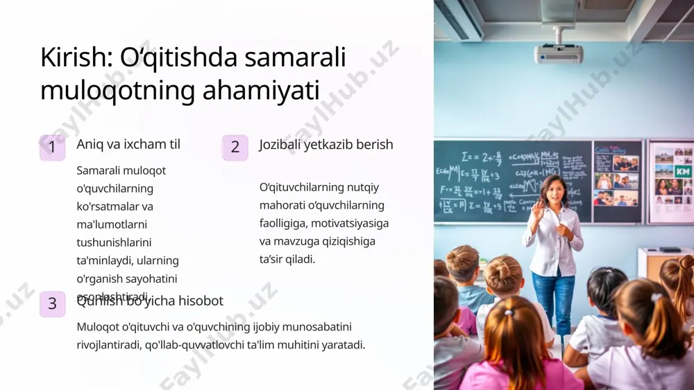 ing. 5 sinf uchun samarali nutq texnikasi talaffuzni tozalash so‘zlarni aniq va aniq talaffuz qiling, bu o‘quvchilar oson tushunishiga ishonch hosil qiling. turli xil ton talabalarning qiziqishini saqlab qolish va asosiy fikrlarni ta'kidlash uchun ovoz ohangini va balandligini modulyatsiya qiling. tezlik va pauza talabalarga ma'lumotni qayta ishlash va urg'u berish uchun strategik pauzalardan foydalanish imkonini beradigan tezlikda gapiring. 6 o'qituvchilar uchun og'zaki bo'lmagan muloqot qobiliyatlari ko'z bilan aloqa qilish talabalar bilan bog'lanish va faollikni ko'rsatish uchun ular bilan ko'z aloqasini saqlang. yuz ifodalari tuyg'ularni etkazish va muloqotni kuchaytirish uchun mos yuz ifodalaridan foydalaning. imo-ishoralar asosiy fikrlarni ta'kidlash va o'quvchilarni vizual tarzda jalb qilish uchun maqsadli imo-ishoralarni qo'shing. tana tili ijobiy va qulay xulq-atvorni namoyish qilish uchun ishonchli va ochiq pozitsiyani saqlang. 7 urg'u kamaytirish va talaffuz amaliyoti fonetik xabardorlik ingliz tilidagi tovushlar va ularga mos keladigan belgilar haqida tushuncha hosil qiling. minimal juftliklar “kema” va “qo‘y” kabi tovushlari o‘xshash so‘zlarni …
