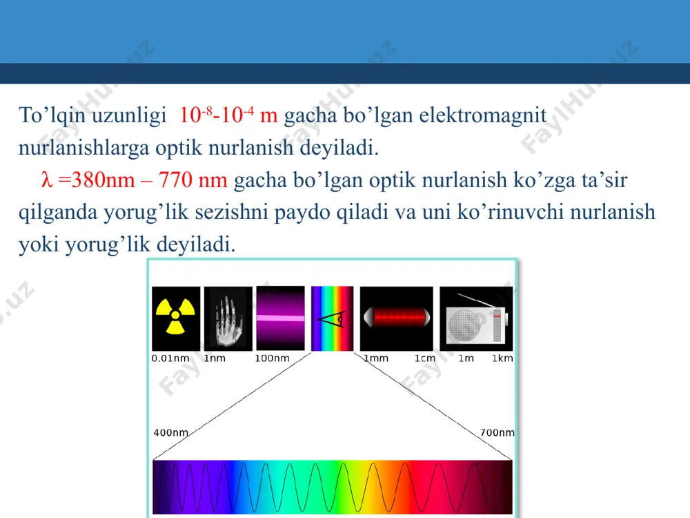 kda bo’lsa, bunday yorug’lik – yassi qutblangan yoki qutblangan deyiladi. - qutblangan; - qisman qutblangan yorug’lik vektorining biror tekistlikda tebranish amplitudasi boshqa tekistlikdagi tebranish amplitudasidan ancha ortiq bo’lsa, bu – qisman qutblanish deyiladi. ko’z qutblangan yorug’likni tabiy yoruglikdan ajrata olmaydi. yorug’likning qutblanishi tabiiy yorug’likni qutblangan yorug’likka aylantiruvchi asbob – polyarizator deyiladi. qutblangan yorug’likni analiz qilish uchun foydalaniladigan asbob -analizatordir. shunday moddalar bor ekanki,ular qutblanish tekistligini aylantirish qobiliyatiga ega. bunday moddalar optik aktiv moddalar deyiladi.misol: qand, kislotalar,alkaloidlar. qutblanish tekistligining aylanishiga asosan optik aktiv moddalarning konsentratsiyasini aniqlash usuli – polyarimetriya deyiladi. yorug’likning qutblanishi yorug’lik tebranishlari tekistligining aylanish burchagi – θ, moddaning tabiatiga, eritmaning c va yorug’lik o’tadigan eritma ustunining uzunligi e ga bog’liq: θ=acℓ a – solishtirma aylanish, u l bilan t ga bog’liq. c=θ/aℓ ℓ q yorug’likning qutblanishi malyus qonuni. ketma-ket joylashtirilgan polyarizator va analizatordan o’tgan yorug’lik intensivligi analizatorga tushuvchi yorug;lik intensivligiga va shu plastinkalar qutblanish tekisliklari orasidagi burchak cos2a ga …