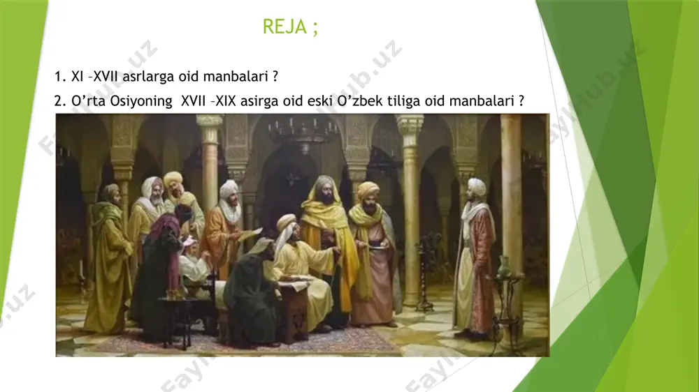alar va xronikalardir. ularning asosiylari quyidagilar:muhammad solihning “tarixi jadidayi toshkand” asari, unda toshkentning xvii–xviii asrlardagi siyosiy voqealari tasvirlanadi.munis xorazmiy va ogahiy qalamiga mansub “firdavs ul-iqbol” hamda “riyoz ud-davla” asarlari, ular xiva xonligi tarixini yoritib beradi.ahmad donishning asarlari, xususan “navodir ul-vaqoe”, buxoro amirligidagi siyosiy va ijtimoiy hayot haqida muhim ma’lumot beradi. 2. adabiy manbalar xvii–xix asrlar adabiyoti ham eski oʻzbek tilida yaratilgan manbalar sifatida katta ahamiyat kasb etadi. bu davrda shoirlar xalq hayoti, adolat, diniy-ma’rifiy gʻoyalarni oʻz she’rlarida ifoda etishgan. jumladan: mashrabning tasavvufiy ruhdagi she’rlari, xalq dardi va adolatga intilishni yoritadi. munis va ogahiy ijodi, tarixiy voqealarni adabiy shaklda tasvirlaganligi bilan ahamiyatlidir. 3. ma’naviy va diniy manbalar oʻsha davrda yozilgan diniy risolalar, fiqhiy asarlar ham keng tarqalgan boʻlib, ular oʻz davrining ma’naviy-ma’rifiy hayotini aks ettiradi.oʻrta osiyoning xvii–xix asrlarga oid eski oʻzbek tilidagi manbalari nafaqat tarixiy voqealar, balki xalqning turmush tarzi, adabiy tafakkuri va diniy qarashlarini ham oʻrganishda bebaho manba boʻlib xizmat …