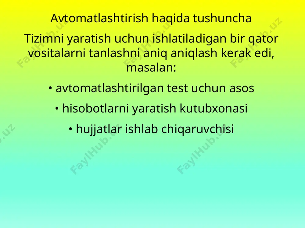 foydalanuvchilarning axborot ehtiyojlarini qondirish uchun foydalaniladigan ma'lumotlar to'plamidir. ma'lumotlar bazasi - har qanday korxonaning dasturiy ta'minot tizimlari tomonidan ishlatiladigan doimiy (doimiy saqlanadigan) ma'lumotlar to'plami. ma'lumotlar bazasi - tashkilotning axborotga bo'lgan ehtiyojini qondirish uchun ishlab chiqilgan, mantiqan bog'liq bo'lgan ma'lumotlarning umumiy to'plami (va ushbu ma'lumotlarning tavsifi). masalaning qo’yilishi ushbu loyihada avtomatlashtirilgan test tizimini yaratishimiz kerak bo’ladi. hozirgi vaqtda har bir narsa avtomatlashtirilib kelinkoqda. masalan aqlli shahar loyihalari, aqlli mashinna va shunga o’xshagan loyihalar ko’paymoqda. test tizimini avtomatlashtirish bizga nima uchun zarur? bu loyihani yaratish uchun ma;lumotlar bazasidan foydalanamiz. har bir fuqaroning ma’lumotlari ma’lumotlar bazasida saqlanadi. o’sha bazadan foydalanib test topshiruvchi fuqarolarni ajratib olamiz. har bir test bazaga javoblari bilan yuklanadi va fuqaroning ishlagan test javoblari avtomatlashtirilgan ravishda tekshiriladi hamda test yakunida hamma test javoblarini bilishi mumkin bo’ladi. avtomatlashtirilgan test tizimini avtomatlashtirilgan test tizimini joriy etishdan oldin testerlar bir xil test holatlarini ma'lum vaqt oralig'ida qo'lda tekshirishlari kerak edi. keng funktsional imkoniyatlarga …