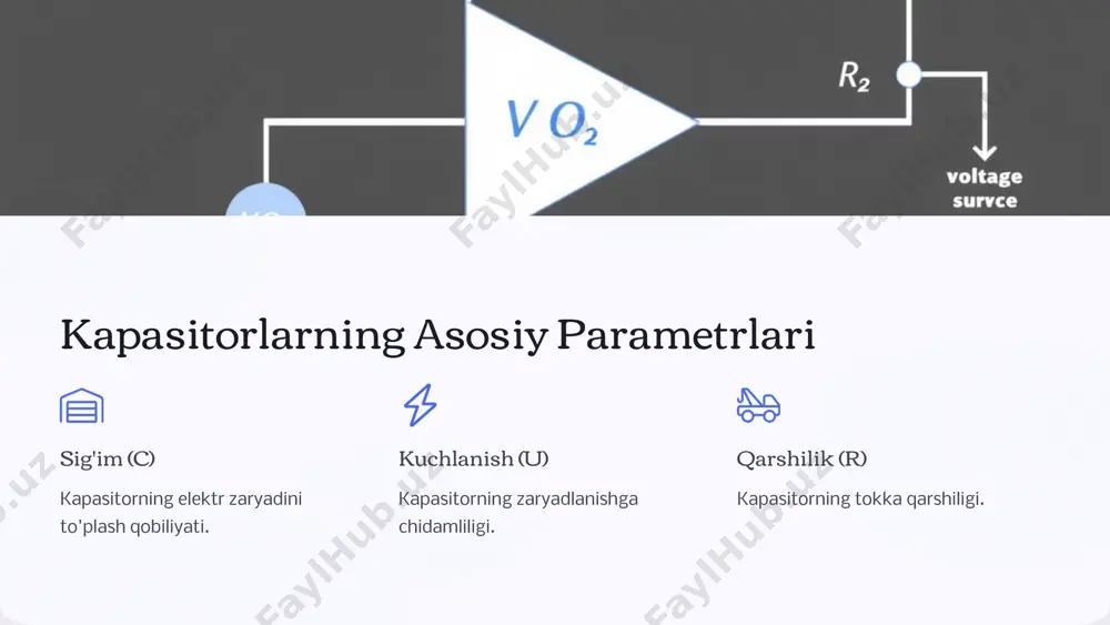 i qo'llash istiqbolli. 19 kapasitorlardan oqilona foydalanish bo'yicha tavsiyalar to'g'ri turini tanlash qanday maqsadda foydalanishingizga qarab, kapasitorning turini tanlash muhim. qo'llanma bo'yicha foydalanish kapasitorlarning har biri o'ziga xos xususiyatlarga ega, shuning uchun ularni qo'llanma bo'yicha foydalanish kerak. xavfsizlik choralari yuqori kuchlanishli kapasitorlar bilan ishlaganda xavfsizlik choralari haqida unutmang. 20 xulosa va yakuniy mulohazalar kapasitorlar elektr energiyasini samarali saqlash va zaryadlash uchun muhim vositalardir. ularning afzalliklari ularni turli xil ilovalarda qimmatli qiladi, masalan, elektronika, energiya saqlash tizimlari va boshqalar. 21 image1.png image2.png image3.png image4.png image5.png image6.png image7.png image8.png image9.png image10.png image11.png image12.png image13.png image14.png image15.png image16.png image17.png image18.png image19.png image20.png image21.png image22.png image23.png image24.png image25.png image26.png image27.png image28.png image29.png image30.png image31.png