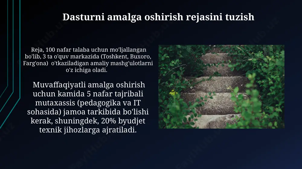 k texnologiyalarni tanlash andijon viloyatining qishloq hududlaridagi maktablar uchun internetga kirish imkoniyati cheklangan bo'lgani uchun, 30 nafar o'quvchiga mo'ljallangan an'anaviy, ammo samarali va arzon pedagogik usullarni qo'llash maqsadga muvofiqdir. zamonaviy pedagogik texnologiyalarni tanlashda, masalan, bloom taksonomiyasi va 21-asr ko'nikmalarini hisobga olgan holda, samarqanddagi 150 o'quvchi uchun dastur yaratishda, differensiatsiya va individual yondashuv muhim ahamiyat kasb etadi. o'quv materiallari va resurslarini tanlash resurslarni tanlashda, 10 ta onlayn platforma va 5 ta mahalliy kutubxonaning taqdim etadigan 100 dan ortiq elektron kitoblarini hisobga olish zarur. o'quv materiallari tanlashda 3 yoshdan 7 yoshgacha bo'lgan bolalar uchun mo'ljallangan 20 ta interfaol o'yin va 5 ta qo'llanmani samarqanddagi nashriyotlardan tanlash maqsadga muvofiqdir. qonunchilik va me'yoriy hujjatlar andijon viloyati ta’lim boshqarmasi tomonidan 2023-yilda nashr etilgan 7-sonli qoʻllanma, maktabgacha ta’lim muassasalarida oʻquv-tarbiya jarayonini tashkil etish boʻyicha 15 dan ziyod me’yoriy talablarni oʻz ichiga oladi. toshkent shahrida joylashgan ta’lim sifatini nazorat qilish davlat inspeksiyasi, ta’lim muassasalarining oʻquv dasturlarini 3 …