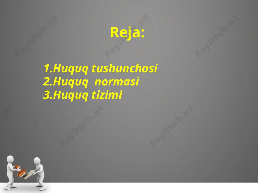 'rnatilgan, bajarilishi jamiyatning barcha a'zolari uchun umummajburiy bo'lgan, ijtimoiy munosabatlarni tartibga soluvchi qoidalardir. davlat tomonidan belgilanadigan, kafolatlanadigan va muhofaza qilinadigan barcha uchun majburiy xulq-atvor qoidasi - huquq normasi deyiladi. huquq tizimi - bu jamiyatdagi mavjud huquq normalarining bir butun voqelik sifatida harakatlanishi, huquq normalari va sohalarini muayyan izchillikda, o'zaro uzviy aloqadoqlikda joylanishidir. huquq normasining asosiy vazifasi - ijtimoiy munosabatlarni tartibga solishdir. huquq alohida normalar, xulq-atvor qoidalaridan tashkil topgan. huquqiy norma tuzilishiga ko'ra bir-biri bilan bog'liq bo'lgan quyidagi uch tarkibiy qism (element)dan: gipoteza, dispozitsiya, sanksiyalardan tashkil topishi mumkin. har qanday jamiyatda shu jamiyat a'zolarining huquq va erkinliklarini ta'- minlash uchun ma'lum bir huquq tizimi zarur. qaysi huquq normasini qaysi obyektga nisbatan ishlatish lozimligini aniqlashtirish uchun ularni turlarga ajratish lozim. bu tizim turli-tuman, lekin o'zaro mustahkam aloqada bo'lgan huquq normalari yig'indisidan iborat bo'ladi. huquq tizimi, avvalambor huquq tarmoqlari (sohalari) deb nomlanuvchi alohida tarmoqlarga ajratiladi. konstitutsiyaviy huquq sohasi - bu huquq tarmog'i huquq …