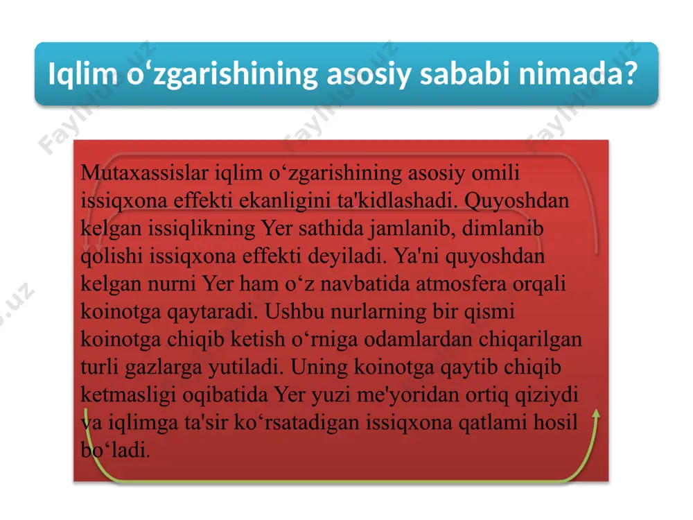 tartibsiz katta miqdorda chiqarilishi; inson omili ta’siri tufayli yer yuzida modda, energiya almashinuvi tufayli, tabiiy, iqtisodiy, ijtimoiy jarayonlarni shiddatining ortishi; insoniyat tomonidan o’zga sayyoralarni o’zlashtirish maqsadida raketalarni kosmosga chiqarilishi natijasida ozon qatlamiga yetkazilayotgan zarar va boshqalar ta’sir qilmoqda. global iqlim o’zgarishining eng noqulay oqibatlari sifatida quyidagilarni qayd etish mumkin: − ko’pgina tropik va subtropik regionlarda qishloq xo’jaligi ekinlari hosildorligining yalpi kamayishi kuzatiladi; − mo’tadil kengliklardagi ko’plab regionlarda hosildorlikning yalpi kamayishi ma’lum tebranishlar bilan kuzatiladi, buning asosiy sababi o’rtacha yillik haroratning bir necha darajaga ko’tarilishidir; − uy mollari va yovvoyi hayvonlarga issiqlik taziyqi ortadi; − tuproq eroziyasi va sho’rlanishi kuchayadi; − suv yetishmaydigan ko’plab regionlarda, ayniqsa subtropiklarda aholi jon boshiga to’g’ri keladigan suv miqdori yanada kamayadi; − suv resurslarining sifati va miqdori kamayadi; − kuchli yog’inlar va dengiz sathining ko’tarilishi toshqin xavfini oshiradi, bu esa o’n millionlab odamlarni halokatga olib keladi − toshqinlar va qurg’oqchilik miqyosining hamda ularning osiyoning mo’tadil va …