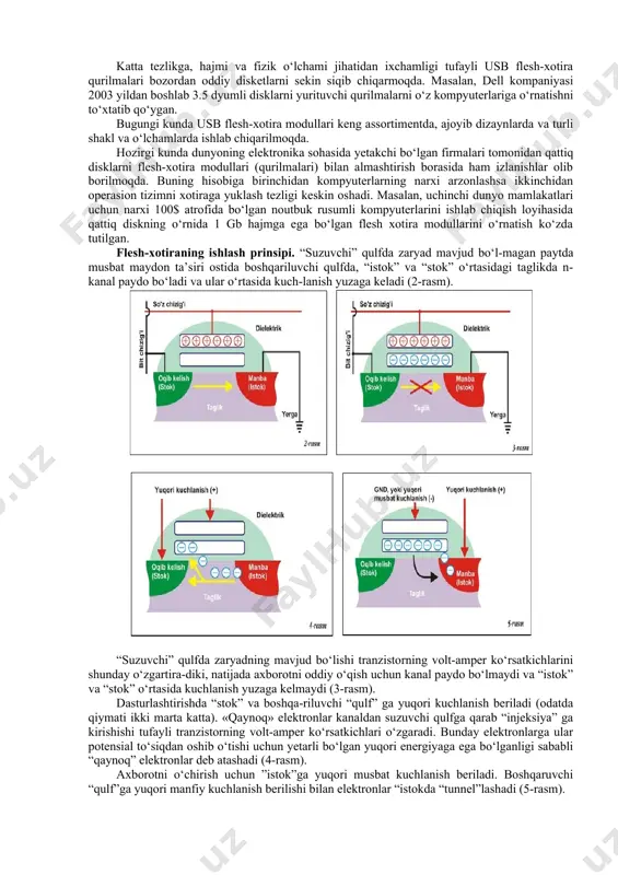 fda to‘plangan holda saqlanadi. tranzistorning suzuvchi qulfdagi elektr zaryadlari chiqish va kirish yo‘llarini kengaytiradi va uning o‘tkazuvchanligini oshiradi, bu hodisa axborotni o‘qish uchun qo‘l keladi. dasturiy yo‘l bilan axborotni o‘qish qurilmaning energiya sarfi jihatidan juda katta farq qiladigan jarayon. flesh-xotira qurilmalariga axborot yozish jarayoni nisbatan katta energiya sarf qiluvchi jarayon hisoblanadi, axborotni o‘qish jarayoni esa nisbatan kam energiya sarf qiluvchi jarayondir. flesh-xotira qurilmalaridagi axborotni o‘chirish uchun boshqaruvchi qulfga manfiy yuqori kuchlanish beriladi va elektronlar suzuvchi qulfdan chiqish yo‘liga oqib o‘tadi (tunnellashadi). ili ne (nor) arxitekturali flesh xotira qurilmalarida har bir tranzistorga alohida kontakt keltirishni talab qilinishi tufayli u qurilmaning fizik hajmini kattalashtirib yuboradi. bu muammo i-ne (nand) arxitekturali flesh-xotira qurilmalarida o‘z yechimini topgan. arxitekturasi i-ne (nand) elementiga asoslangan flesh xotira qurilmalari. bunday flesh-xotira turlarining asosida i-ne (nand) tranzistor elementlari yotadi. ishlash tamoyili nor turiga o‘xshash bo‘lib, faqat yacheykalarning joylashishi va kontaktlari bilan farqlanadi. shu sababli har bir yacheykaga alohida individual …