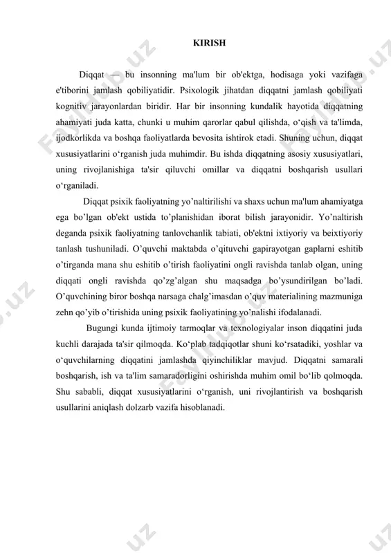 qarish va to’xtab turish mumkinligini tezda egallab oladi. u o’zi uchun qiziqarsiz va qiyin ishni diqqat odamga har bir daqiqada atrof-muhitdan juda ko’p narsa va hodisalar ta'sir etib turadi. lekin odamga ta'sir etayotgan bu narsa va hodisalarning hammasi bir xil aniqlikda aks ettirilmaydi. ulardan ayrimlari aniq yaqqol aks ettirilsa, boshqa birlari shunchaki juda xira aks ettiriladi, yoki umuman aks ettirilmaydi. bu esa ana shu odamga ta'sir etayotgan narsalarga diqqatning qay darajada qaratilishiga bog’liqdir. demak, diqqatimiz qaratilgan narsa va hodisalar aniq va to’la aks ettiriladi. diqqat tushunchasiga olimlar tomonidan bir qator ta'riflar keltirilganligini ta'idlash mumkin. p.i.ivanov tomonidan diqqat deb- ongni bir nuqtaga to’plab muayyan bir ob'ektga aktiv qaratilishga aytiladi. f.n.dobrinin, n.v.kuzmina, i.v.straxov, m.v.gamezo, n.f.gonobolin va boshqalarning fikricha, diqqatning vujudga kelishi ongning bir nuqtaga to’planishi ong doirasining torayishini bildiradi, guyoki ong doirasi bir muncha tig’izlanadi. e.b.pirogovaning ta'kidlashicha, tomonidan diqqat individning hissiy, aqliy yoki harakatlantiruvchi faolligi darajasining oshirilishini taqazo etadigan tarzda ongning yo’naltirilganligi …