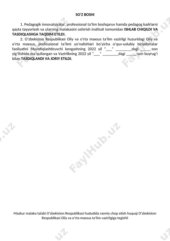 lashning zaruriy bilimlar mazmuni va mutaxassisligiy kompetensiyasiga qo‘yiladigan talablarni va pirovard maqsadlarini, shuningdek, ta’lim oluvchilarning o‘quv yuklamalari hajmi va standart talablarini bajarilishi nazoratini belgilaydi. malaka talabi ta’lim oluvchilarning mutaxassisligiy tayyorgarligi sifati va mutaxassisligiy kompetensiyasini baholashda hamda ta’lim muassasalarini attestatsiyadan o‘tkazishda asosiy mezon hisoblanadi. mazkur talablarning bajarilishi professional ta’lim muassasalarining bitiruvchilariga professional ta’limning tegishli darajasini olganligi to‘g‘risida davlat namunasidagi hujjat berilishi uchun asos hisoblanadi. malaka talabi ta’limni boshqarish davlat organlari va ta’lim faoliyati sub’ektlari tomonidan, idoraviy bo‘ysunuvi va mulkchilik shakllaridan qat’iy nazar, tadbiq etilishi majburiydir. ushbu malaka talabi yengil sanoat buyumlari konstruksiyasi va texnologiyasi (yigiruv bo’yicha) kasbi s02.112.0673/b-20 bilan tasdiqlangan professional standart talablari asosida ishlab chiqildi. 2. mutaxassisligiy ta’lim xususiyati 2.1. 50720701- yengil sanoat buyumlari konstruksiyasi va texologiyasi (yigiruv bo’yicha) mutaxassisligi doirasida beriladigan kvalifikatsiyalar: 1. texnik-texnolog kamida umumiy o‘rta ma’lumotga ega bo‘lgan shaxslar hisobidan shakllantirilgan guruhlarda tanlangan kvalifikatsiyalar sonidan kelib chiqib o‘qish muddati belgilanadi. bu guruhlarda kasb doirasida beriladigan kvalifikatsiyalardan birortasini …