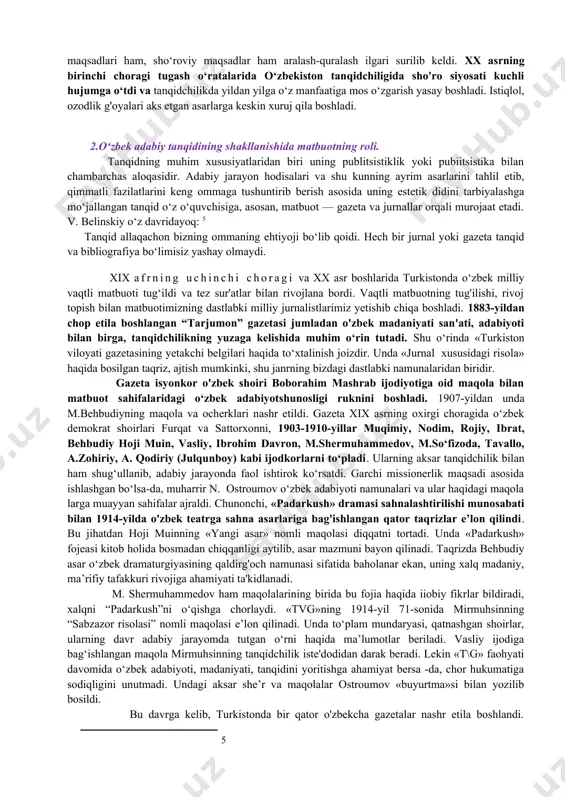 tasdiqlanishi sho‘ro adabiyotining inqirozini belgilab berdi. ikkinchi jahon urushi va undan keyingi 60-yillar arafasigacha bo‘lgan davrni qamrab oluvchi uch bosqich esa aslida, o‘zbek adabiy tanqidchiligining shiddat bilan izlanishi adabiy-tanqidiy tafakkurda o'zgarishlar ro‘y berishi, yangi-yangi shakllarning o‘zlashtirilishi va realizm uchun kurash yillari bo‘ldi. albatta, bu jarayon ham sho'ro va partiyaviy mafkuraga to‘yingan holda kechgan esa-da, shaxsga sig'inish oqibatlarining tugatila boshlashi tufayli, har qalay adabiy tanqidda ham hur fikrning uyg‘onayotganidan ayrim darak berdi. adabiy tanqid stalincha qatag'on qurbonlari ijodini qayta baholashga kirishdi, lirika, badiiy mahoratni 0‘rganishda estetik tahlilda ayrim yangi qadamlar tashlandi. ayniqsa, tarixiy asarlarda o‘zlikni anglash va erk tuyg‘ularining jamiyatni uyg‘otuvchi mohiyatini idrok etishga urinish kuchaydi. qolaversa, adabiy jarayonda yuz berayotgan xilma-xil izlanishlar — ijodiy metod va janrlar rang-barangligi hodisalari mohiyatini, qiynala-qiynala bo‘lsa-da, idrok eta bordi va estetik bahosini berishga, umumlashtirishga hamda ulardan tegishli xulosalar chiqarishga harakat qildi, qisman ma’lum natijalarga erishdi. a.rasulov va n.xudoyberganovlar o‘zbek tanqidi tarixini ikki davrga bo‘lib …