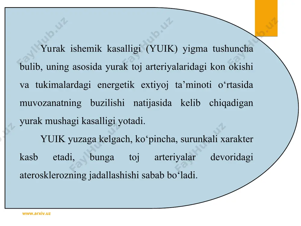 stenokardiya belgisi bo‘lishi mumkin. til ostiga nitroglitserin qo‘ygach, og‘rikning to‘la to‘xtashi yoki xarakat, zo‘riqish bartaraf etilgach og‘rikning tuxtashi xam stenokardiya foydasiga dalil hisoblanadi. www.arxiv.uz www.arxiv.uz stenokardiyada birinchi yerdam tuliq jismoniy va ruxiy tinchlikni ta’minlash; til ostiga 1 - 2 dona nitroglitserin dorisini berish; 0,5 gramm aspirinni ichirish; kuchli ifodalangan ruxiy bezovtalikda yoki yetarli og‘riq qoldiradigan yoki tinchlantiruvchi natija bulmagan taqdirda oksigenoterapiya (kislorod bilan nafas oldirish)ni qullash mumkin. www.arxiv.uz www.arxiv.uz nitroglitserin ko‘rsatma: ko‘krakda ishemik og‘riq, o‘tkir koronar stndromga shubha bo‘lganda qarshi ko‘rsatma: 1) sistolik qb 100 mm/hg dan past 2) oxirgi 8 soat ichida viagra priyeparatini qabul qilganda dozasi: 0.4 mg til ostiga tabletka yoki sprey ko‘rinishida; ko‘krakda davom etuvchi og‘riq va sistolik arterial bosim bilan bog‘liq holda har 5 daqiqada takrorlanadi, tibbiy rahbar konsultatsiyasiz maksimal 3 marta berish mumkin. ta’siri: periferik qon tomirlarni va ma’lum daraada koronar arteriyalarni kengaytirib, yurak zo‘riqib ishlashini kamaytiradi va qon bilan ta’minlashni bir muncha yaxshilaydi. …