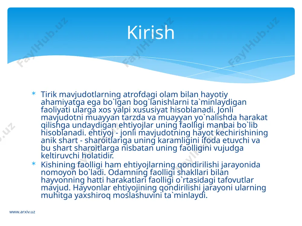 t usullari va vazifalarini eslab qolishdagina aks etmaydi. odatda u vazifani tekshirish usullarining, uni hal qilish va tuzatish yo`llarining ham o`zgarishiga olib keladi. faoliyatning o`zlashtirilishi va mashqlar www.arxiv.uz hayotining birinchi yillaridayok bolada faoliyatning oddiy shakllarini o`zlashtirishi uchun dastlabki shart - sharoitlar tarkib topa boshlaydi. ulardan birinchisi o`yin faoliyati hisoblanadi. ma`lumki, o`yin faoliyatini hayvonlarning bolalarida ham kuzatiladi. bu - ularning turli xildagi xarxashalaridan, urishishni taqlid qilishi, u yoqdan - buyoqqa chopishi va hokozolardan iboratdir. hayvon bolalarining o`yin jarayonidagi kiligini avvalo ularning organizmidagi faoliyatga, jamlangan kuch - kuvvatni sarflashga bo`lgan ehtiyojni qondirishi deb qarash mumkin. agar hayvon bir muncha vaqt mobaynidan o`ynaydigan sherigidan mahrum etib qo`yilsa, keyinchalik uning qo`zg`alishi va o`yin faoliyati keskin kuchayadi, ya`ni tegishli kuch quvvat to`plangani kabi hodisa ruy beradi. bu hodisa "o`yinga to`ymaslik" deb ataladi. faoliyatning asosiy turlari. www.arxiv.uz tadqiqotlar shuni ko`rsatadiki, o`yin bolalarda ham o`z faolligini ro`yobga chiqarish shakli, hayot kechirish va faoliyat ko`rsatish shakli bo`lib xizmat …