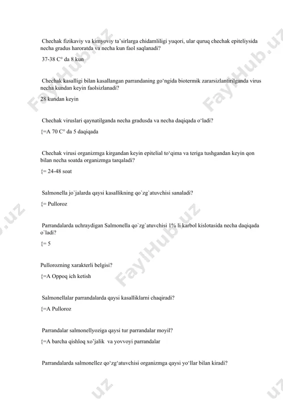 g’atuvchisi nima? {= virus # yuqumli laringotraxeit kasalligi virusi organizmga qaysi yo’llar bilan kiradi? {= nafas olish a’zolari, kontakt va hashoratlar orqali # yuqumli laringotraxeit kasalligi profilaktikasida qanday tadbirlar o’tkaziladi? {= maxsus va nomaxsus profilaktika tadbirlari # infeksion laringotraxeit virusi qaysi virus oilasiga mansub? {= dnk saqlovchi virus herpesviridae # infeksion laringotraxeit virusiga qaysi javobdagi parrandalar moyil hisoblanadi? {= tovuq, tustovuq, kurka, sesarka moyil # infeksion laringotraxeit manbai bo’lib nima hisoblanadi? {= kasal va kasaldan tuzalgan virus tashuvchi parrandalar # infeksion laringotraxeitni tarqalish holati qanday? {= epizootiya # infeksion laringotraxeitni yashirin davri qancha vaqt hisoblanadi? {= 2-30 kun # infeksion laringotraxeit laboratoriyaviy aniqlansa xo'jalikda qanday tadbir o’tkaziladi? {= cheklov tadbirlari # yuqumli bronxit kasalligi virusi organizmga qaysi yo’llar bilan kiradi? {= nafas olish a’zolari va transovarial # koronavirus qaysi kasallikning qo’zg’atuvchisi hisoblanadi? {= yuqumli bronxit # infeksion bronxit necha kunlik tovuq embrionida yaxshi rivojlanadi? {= 8-10 kunlik # infeksion bronxitga …