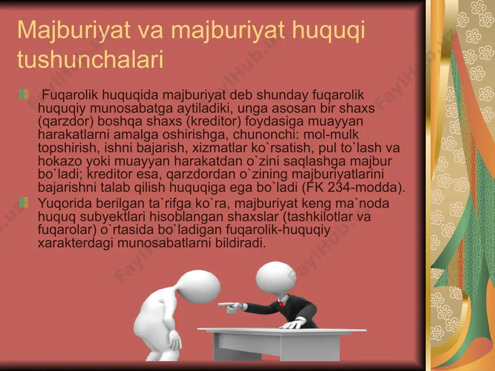 egallaydi. majburiyat huquqining mazkur maxsus qismi normalari mazmuni va hajmi bo`yicha teng bo`lmagan ikki turkumga: shartnomali majburiyatlar institutlariga va shartnomasiz (shartnomadan tashqari) majburiyatlar institutlariga bo`lingan. shartnomali majburiyatlarga oid huquqiy institutlar jumlasiga oldi-sotdi, mahsulot yetkazib berish, qarz, kontraktatsiya, pudrat, mulk ijarasi, lizing, uy-joy ijarasi, yuk va yo`lovchilar tashish, franshizing, sug`urta kabi bir qator shartnomalar asosida bo`ladigan munosabatlarni tartibga soladigan huquqiy normalarga taalluqlidir. shartnomadan tashqari majburiyatlarga oid huquqiy institutlarni asosan quyidagilar: zarar yetkazishdan kelib chiqadigan majburiyatlar, asossiz boylik orttirish oqibatida kelib chiqadigan majburiyatlar tashkil etadi. majburiyatlarni buzganlik uchun qo`llaniladigan sanksiyalar 1. ixtiyoriy bajarilmagan burchni majburiy ijro ettirish. masalan, olingan qarz puli ixtiyoriy ravishda to`lanmaganida uni majburan undirish mumkin bo`ladi. 2.shartnomada ko`rsatilgan majburiyat bajarilmaganda uni bir to-monlama bekor qilish. masalan, ijaraga oluvchi o`z majburiyatini bajar-maganda ijaraga beruvchining talabi bilan shartnoma muddatidan avval bekor qilinishi mumkin. 3.majburiyatning ijro etilishi tartibini o`zgartirish. masalan, mahsu-lot oluvchi tashkilot avval mahsulotlari uchun haq to`lashni kechiktir-ganida mahsulot yetkazuvchi u …