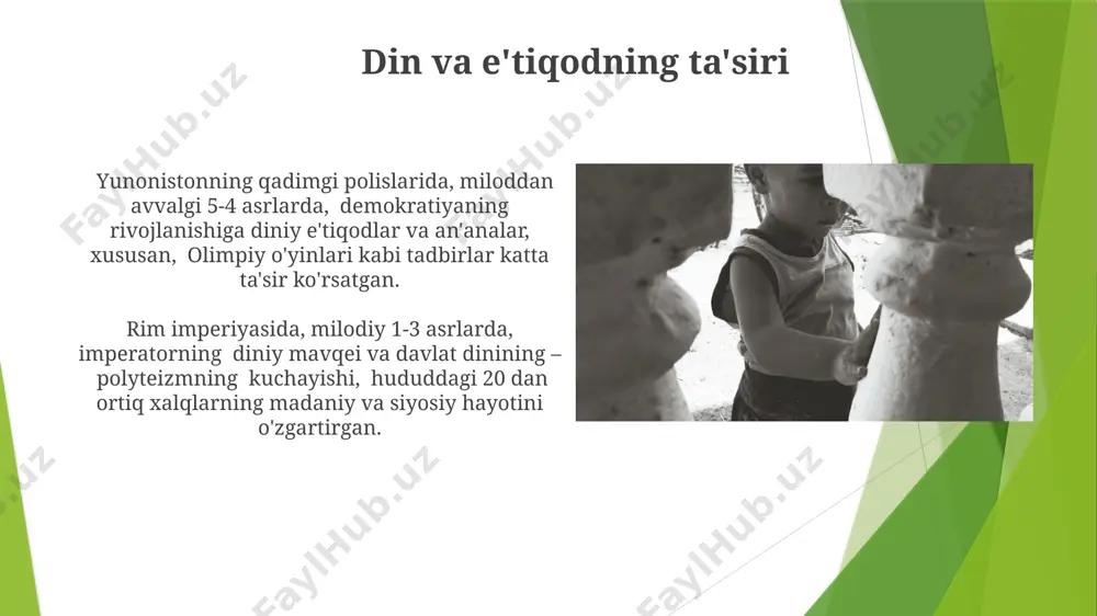 o‘shinlarning 20% ini tashkil etgan jasur jangchilar bilan bog‘liq edi. qadimgi qadriyatlarning zamonaviy hayotdagi aks ettirish qadimgi yunoniston demokratiyasi tamoyillari, xususan, 5-asrda afina shahrida joriy etilgan xalq sudi va ochiq muhokama tamoyillari, zamonaviy davlatlarning qonun chiqarish va sud tizimlariga sezilarli ta’sir ko’rsatdi. qadimgi misr tsivilizatsiyasining 3000 yildan ortiq davom etgan ierarxik jamiyat tuzilmasi, zamonaviy korporatsiyalarning boshqaruv tizimlari va lavozimlarning aniq taqsimlanishida izlarini qoldirgan. san'at va madaniyat namoyonlari xorazm viloyatining qadimiy shaharlarida topilgan 5-asrga oid arxeologik topilmalar, jumladan, sopol idishlar va zargarlik buyumlari, mahalliy hunarmandchilikning yuksak darajasini va savdo aloqalarining kengligini ko'rsatadi. buxoro amirligi davrida (16-18 asrlar) yaratilgan 200 dan ortiq qo'lyozma kitoblar, miniatyuralar va xattotlik namunalari orqali o'zbek xalqining boy adabiy va badiiy merosini namoyon etadi. donishmandlik va bilim qadrlanishi amir temur davrida (14-asr) 100 dan ziyod kutubxona va madrasa qurilishi donishmandlik va bilim qadrlanishining yorqin misoli bo'lib, markaziy osiyoda ilmiy-madaniy taraqqiyotga turtki bo'lgan. avesto va pahlaviy adabiyotlarida 3000 dan …