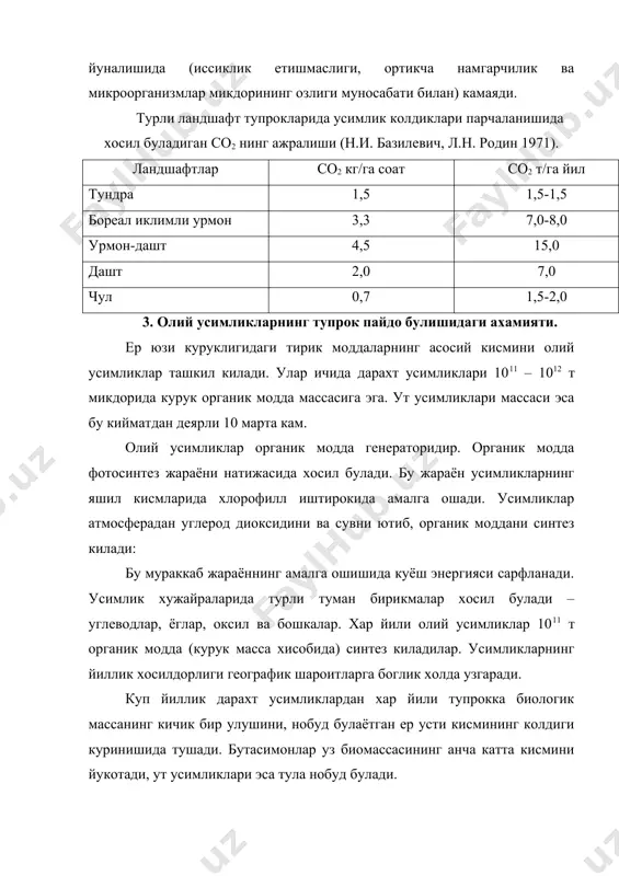 нг ер ости ва ер усти кисмларида усган (хосил булган) органик модда массаси. опад – ерга тушган колдик майдон бирлигида нобуд булаётган органик колдикнинг йиллик микдори (гектарига центнер хисобида). асосий усимлик типлари биологик хосилдорлигининг курсаткичлари (л.е. родин, и.н. базилевич, 1965) усимлик типлари биомасса усиш ц/га колдик ц/га урмон кети ёки даштни ц/га ер усти кисми % илдиз % арктика тундраси 50 30 70 10 10 35 бута тундра 280 17 83 25 24 835 шимолий тайга еллари 1000 78 22 45 35 300 жанубий туйга еллари 3300 78 22 85 55 350 дубзорлар 4000 76 24 90 65 150 утли даштлар 250 32 68 137 137 120 курук даштлар 100 15 85 42 42 15 ярим бутали чуллар 43 13 87 12 12 - саванна (гана) 666 94 6 120 115 13 намли тропик урмонлари 5000 82 18 325 250 20 органик модданинг энг катта микдори урмонларга тугри келади. бореал …