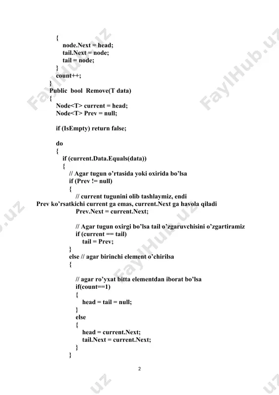 rent.data.equals(data)) return true; current = current.next; } while (current != head); return false; } public void print() { node current = head; do { console.writeline(current.data); current = current.next; } while (current != head); } } } halqasimon ro’yxatning qo’llanilishiga misol: using system; namespace circlelist { class program { static void main(string[] args) { clist clist = new clist (); clist.add("amir"); clist.add("rustam"); clist.add("said"); clist.add("botir"); clist.add("guzal"); clist.print(); clist.remove("rustam"); console.writeline("\n o’chirilgandan keyin: \n"); clist.print(); console.read(); } } } halqasimon roʻyxatning samaradorligi xuddi bir bog’lamli ro’yxatdagidek bo’ladi. halqasimon ikki bog’lamli roʻyxat halqasimon ikki bogʻlamli roʻyxat — yopiq roʻyxat boʻlib, unda elementga koʻrsatgich aylana boʻylab ham oldinga, ham orqaga harakatlanishi mumkin. bunday ro'yxatning har bir tuguni keyingi va oldingi tugunlarga ko'rsatgichlarni saqlaydigan elementni ifodalaydi. halqasimon ro'yxat rasmiy ravishda yopiq bo'lishiga qaramay, ya’ni uning boshlanishi va oxiri yo'q bo’lishiga qaramay, baribir, shartli ravishda bunday ro'yxat hali ham birinchi elementga havolani saqlaydi, unga nisbatan yangi elementlar qo'shiladi. …