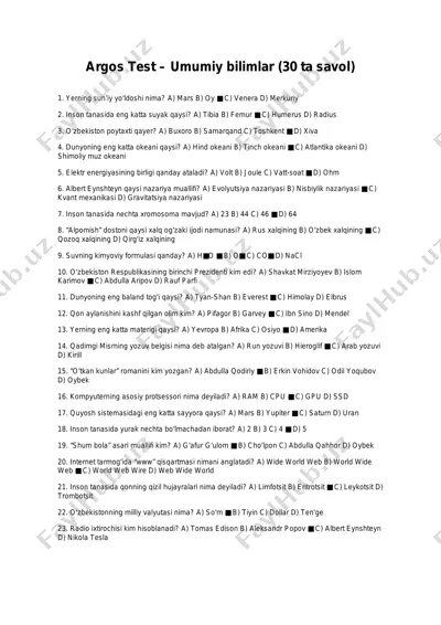 argos test – umumiy bilimlar — PDF
