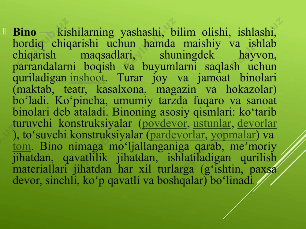va kadastr ma’lumotlarini ruxsatsiz olish va oshkor etishdan himoya qilinishini ta’minlashi zarur. binolar va inshootlar davlat kadastrini yuritish ham an’anaviy (kadastr kitobida ro’yxatdan o’tkazish, kadastr planiga kiritish) ham avtomatlashtirilgan (ma’lumotlarning kompyuter bankini yaratish) usullarda amalga oshiriladi. binolar va inshootlar davlat kadastrini yuritish uch bosqichda amalga oshiriladi: 1-bosqich - binolar va inshootlarning tuman, shaxar darajasidagi huquqiy, xo’jalik va me’moriy-qurilish maqomi to’g’risida ma’lumotlar tuplash va kadastr kitobida ro’yxatdan o’tkazish; 2-bosqich - obyektlarni chizmad joylashtirgan holda kdastr planini tuzish; 3-boskich - oldingi bosqichlarda olingan ma’lumotlarni hisobga olgan tarzda ma’lumotlarning kompyuter bazasini yaratish. binolar va inshootlar davlat kadastri ma’lumotlari tumanlar, shaxarlar bo’yicha tuziladi, ularning xududi hisobga olish, uchastkalariga bo’linadi. tumanlar, shaxarlar va boshqa aholi yashash punktlarining kadastr bo’linishi chegaralarni belgilash va xududlarni tuman doirasida yoxud shaxar, posyolka chegaralarini hisobga olish uchastkalariga bo’lishni bildiradi. qoraqalpog’iston respublikasiga, viloyatlarga toshkent shaxriga, tumanlar, shaxarlar va aholi yashash punktlariga, shuningdek hisobga olish uchastkalariga kadastr ishlarini yuritish maqsadlarida yagona tizim …