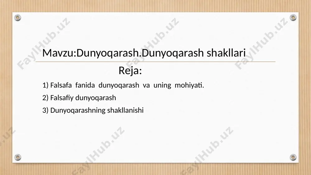 haqida tasavvuri shakllanadi va rivojlanadi. shu tariqa u o‘zini va o‘zini qurshagan borliqni anglaydi, o‘zi va boshqa odamlarni, o‘zi va tashqi muhitni farqlaydi, ilgari o‘ziga ma'lum bo‘lmagan dunyoning yangi va yangi jihatlarini idrok etadi. bunday qarashlar insonning o‘zi va o‘zini qurshagan borliq haqidagi tasavvurlari majmui sifatida shakllanadigan dunyoqarash negizini tashkil etadi. bunda inson o‘ziga ma'qul va noma'qul narsalarni farqlaydi, baholar beradi, ustuvorliklar tizimini yaratadi va muayyan maqsadlarga erishishda tegishli tarzda ish ko‘radi.dunyoqarashning o‘ziga xosligi va betakrorligi unda intellektual asos bilan bir qatorda emotsional va ruhiy asoslarning uzviy bog‘liqligi va ularning jamuljam holda har bir inson uchun mutlaqo muayyan, individual xususiyatlar sifatida amal qilishidir.intellektual, emotsional va ruhiy asoslar iroda bilan uyg‘unlikda e'tiqodlar –odamlar faol qabul qiladigan, ularning ong darajasi va hayotdagi mo‘ljallariga mos keladigan qarashlarni yuzaga keltiradi.[1]dunyoqarashning tuzilishi dunyoni sezish, dunyoni idrok etish va dunyoni tushunish kabi eng muhim elementlardan iborat. dunyoni sezish –bu o‘zini qurshagan dunyoni sezgilar yordamida hissiy idrok …