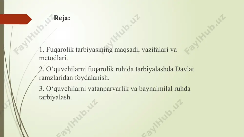 ngdek, fuqaro sifatida o'z majburiyatlarini to'laqonli anglashlari uchun imkoniyat yaratishini tushuntirib borish maqsadga muvofiqdir. fidoiylik, intiluvchanlik, tashabbuskorlik, tashkilotchilik, qat’iyat, matonat, uyushqoqlik kabi xislatlar o'quvchilarda fuqarolik tarbiyasini tashkil etish jarayonida tarbiyalanadi. fuqarolik tarbiyasini tashkil etish uchun ma’lum shart-sharoitlaming mavjudligi taqozo etiladi: o'quv yurtida tashkil etilayotgan ta’lim-tarbiya jarayoni yuksak darajada uyushtirilishi kerak; fuqarolik tarbiyasini tashkil etish jarayonining muvaffaqiyati o‘qituvchi va o‘quvchilar jamoasining saviyasiga bogiiq; tarbiyaviy ishning rejali, uzluksiz, tizimli boiishiga erishish; oila, maktab va mahalla o‘rtasida o‘zaro hamkorlikning yuzaga kelishi fuqarolik tarbiyasining muvaffaqiyatini ta’minlaydi; o‘quvchilarning axloqiy va huquqiy me’yorlar, umumiy tartibga qat’iy rioya etishga o'rgatish, zimmasidagi burchni toiaqonli ado etishlariga e’tiborni qaratish. fuqarolik tarbiyasini tashkil etishda suhbat, munozara, ma’ruza, bahslardan foydalanish, mashq, test, anketa savollariga javoblar olish kutilgan natijani qolga kiritishga imkon beradi. 2. o‘quvchilarni fuqarolik ruhida tarbiyalashda davlat ramzlaridan foydalanish. har tomonlama yetuk, komil insonni shakllantirish ta’lim-tarbiya jarayonidan kutilgan asosiy natija ekan, yoshlarimizga kompleks tarbiya berishimiz lozim. ayniqsa, ularda fuqarolik hissini …