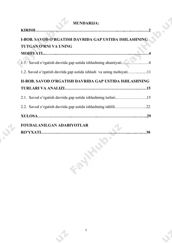 ida gap ustida ishlashning mohiyatini yoritib berish; · savod o’rgatish davrida gap ustida ishlashning hozirgi holati va uni tahlil qilish; · savod o’rgatish davrida gap ustida ishlashni ko’rib chiqish; kurs ishining obyekti va predmeti. savod o’rgatish davrida gap ustida ishlashni tahlil qilish kurs ishining obyekti bo’lib, predmetini ushbu jarayon haqidagi ma’lumotlar tashkil qiladi. kurs ishining metodik asosi : savod o’rgatish davrida gap ustida ishlashga oid hozirgi zamon nazariy qarashlari, oʻzbek va chet el olimlarining shu boradagi qarashlari, oʻzbekiston respublikasi konstitutsiyasi, oʻzbekiston respublikasi prezidentining farmon va qarorlari va boshqalar ishimizga metodologik asos boʻlib xizmat qiladi. kurs ishining tuzilmasi: kirish, asosiy qism, xulosa va foydalanilgan adabiyotlar ro'yxatidan iborat. i-bob. savod o’rgatish davrida gap ustida ishlashning tutgan o'rni va uning mohiyati 1.1. savod o’rgatish davrida gap ustida ishlashning ahamiyati boshlang‘ich sinflar ona tili kursini o’rganishning yetakchi insoniy tamoyili tilning barcha tomonlarini (leksikasi, fonetikasi, grammatikasi, so‘z yasalishi) o‘zaro bog’liq holda o’rganish hisoblanadi. mazkur tamoyil …