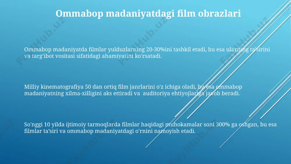 rning yo‘qolib borishi kabi ijtimoiy muammolar 5 dan ortiq filmda dramatik syujet chizig‘i sifatida aks ettirilgan. so‘nggi 10 yilda ijtimoiy tarmoqlarning ta’siri ostida yaratilgan filmlar soni 2 barobar oshdi, bu esa onlayn madaniyat va kiberbulling kabi yangi ijtimoiy muammolarni ko‘rsatdi. e'tiboringiz uchun rahmat @taqdimot_robot