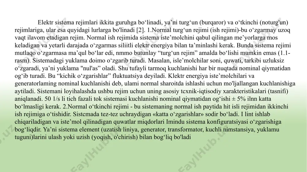 odir bo‘ladi. ushbu sabablar turtki ta’sirlar (rejim turtkilari yoki turtkilar) deb nomlanadi va rejim parametrlarida boshlang'ich og‘ishlar paydo bo‘lishiga olib keladi. normal o‘tkinchi rejim(jarayon)larda rejim parametrlari o‘zgarishi turg‘un kattaliklaridan kichik miqdorga farq qiladi. ma’lum bir kichik turtki ta’sirlar, masalan, yuklamani o'zgarishi, rostlagichlar faoliyati va hokazolar uzluksiz davom etadi va shuning natijasida sistemada o'tkinchi jarayonlarga sabab bo‘luvchi kichik turtkilar doimo kuzatiladi. kichik turtkilar sistema turg‘un ishlashining izdan chiqarishiga sabab bo‘lmasliklari kerak. shuning uchun sistema kichik turtkida turg‘un bo‘lishi shart yoki boshqacha ifodalaganda statik turg‘un bo‘lishi shart. avariya o'tkinchi jarayonlari bir qism elektr generatorlarining, liniyalaming qisqa tutashuv yoki boshqa hollarda uzilishi va rejim parametrlarining shiddatli kutilmagan o‘zgarishlari natijasida yuz beradi. avariya natijasida rejim parametrlari katta miqdorga o‘zgaradi (u, p kamayadi), ya’ni elektr sistemasi katta turtki ta’sirida bo‘ladi. misol tariqasida sistemadagi uch fazali qt kuchlanishini chuqur pasayishi, hattoki nolgacha yetishi, generatorlaming rejim parametrlarining tebranishi bilan kuzatiluvchi turtki ko'rinishida sodir bo‘lishi mumkin. sistema katta …