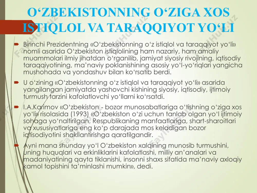81%d0%b8&hl=ru&sa=x&biw=1003&bih=501&tbm=isch&prmd=ivns&ei=omprtbr6kzgvos28wiyn 1) 1990 yil iyunda i.a.karimov boshchiligida 64 kishidan iborat konstitusiya loyihasini tayyorlash bo`yicha komissiya tuzilgan 2) 1992 yil 26 sentabrda konstitusiya loyihasi umumxalq muhokamasi uchun matbuotda e`lon qilindi 3) 1992 yil 26-noyabrda matbuotda ikkinchi marta e`lon qilindi. 6-mingdan ziyod taklif va mulohazalar inobatga olindi. 4) 1992 yil 8-dekabrda o`zbekiston respublikasi konstitusiyasi qabul qilindi. konstitusiya preambula, 6-ta bob, 26-ta bo`lim, 128-ta moddadan iborat o`zbekiston respublikasining konstitusiyasi konstitutsiyaga kora  o’zbekiston respublikasi ijroiya hokimiyati prezidentlik hokimiyati va vazirlar mahkamasidan iborat respublika prezidenti qoshida ijro etuvchi hokimiyat devoni tuzildi.  vazirlar mahkamasi prezident tomonidan tuzilib, parlament tomonidan tasdiqlanadi. vazirlar mahkamasi 1990-yil noyabrda tashkil topib, mustaqillikka erishgandan song davlat mustaqilligini ta'minlovchi organlardan iborat: mudofaa vazirligi, milliy xavfsizlik xizmati, ichki ishlar vazirligi, davlat bojxona va soliq qomitasi, shuningdek tashqi aloqalarni ta'minlovchi organlar vujudga keldi: tashqi ishlar vazirligi, tashqi iqtisodiy aloqalar vazirligi, tashqi iqtisodiy faoliyat bilan shug'ullanuvchi milliy bank, iqtisodiy rivojlanishni ta'minlovchi organlar: davlat statistika …