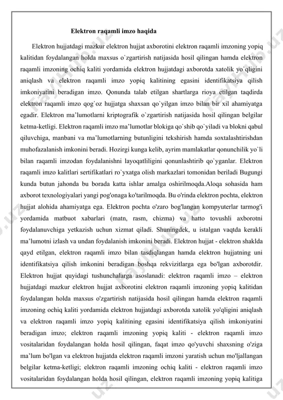 solishni o‘zbekiston respublikasi vazirlar mahkamasi va u maxsus vakolat bergan organ amalga oshiradi. aloqa, axborotlashtirish va telekommunikatsiya texnologiyalari sohasida o‘zbekiston respublikasi aloqa, axborotlashtirish va telekommunikatsiya texnologiyalari davlat qo‘mitasi erini ro‘yxatga oluvchi vakolatli davlat organi hisoblanadi. mazkur vazifa qo‘mita tizimidagi "unicon.uz" – fan-texnika va marketing tadqiqotlari markazi davlat unitar korxonasi qoshidagi elektron raqamli imzolar kalitlarini ro‘yxatga olish markazi tomonidan amalga oshiriladi. elektron raqamli imzolar kalitlarini ro‘yxatga olish markazi elektron raqamli imzoning ochiq kalitlari va shifrlash sertifikatlaridan quyidagi maqsadlarda foydalanishni ta’minlash uchun mo‘ljallangan: - uzatiladigan elektron hujjatlar va ommaviy axborot resurslarining butunligini, shuningdek ularning ishonchli autentifikatsiya qilinishini nazorat qilish; - axborot o‘zaro hamkorligi sub’ektlarining yuridik jihatdan ahamiyatli elektron identifikatsiyalash tizimini yaratish; - tizim sub’ektlarining axborot o‘zaro ishlashida xavfsizlik va foydalana olishning ajratilishini ta’minlash; - axborot o‘zaro hamkorligi sub’ektlarining elektron raqamli imzo kalitlarini boshqarish tizimini yaratish. kalitlarni ro‘yxatga olish markazi «elektron raqamli imzo to‘g‘risida»gi qonun talablariga muvofiq vazifa va funksiyalarni bajaradi. kalitlarni ro‘yxatga …
