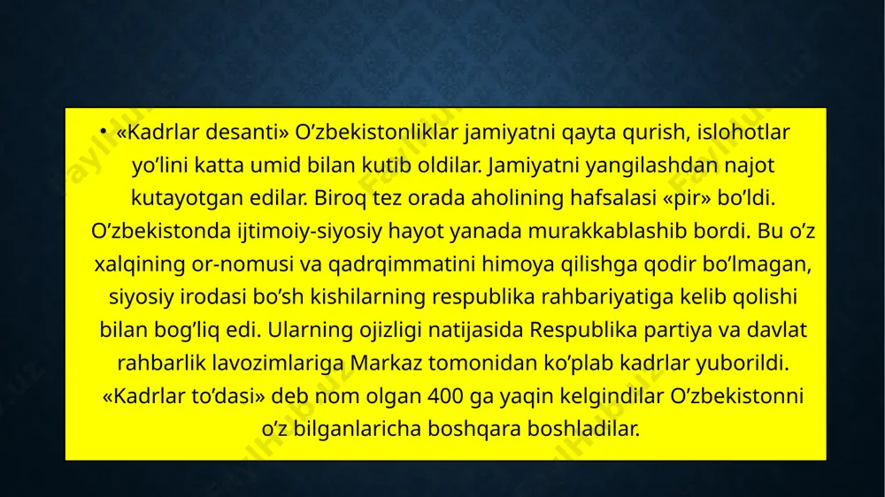 f etildi. ijtimoiy-siyosiy hayot xalqning juda boy tarixi va madaniyatini, o’lkaning o’ziga xos noyob xususiyatlarini bilmagan va bilishni istamagan kelgindilar mahalliy xalqning urf-odatlari, an’analarini oyoq-osti qildilar. xalqimizning boy madaniyati va ma’naviy qadriyatlari kamsitildi. ona tilining qo’llanilishi yanada cheklab qo’yildi. hatto milliy libos kiyib yurish ham qoralandi. 1989 yilda tashkil topgan «birlik» xalq harakati (rahbari abdurahim po’latov) respublikadagi dastlabki «norasmiy» harakat edi. shuningdek, «o’zbekiston erkin yoshlar itifoqi», xotin-qizlarning «to’maris» nomli tashkiloti, rusiyzabon ziyolilarning «intersoyuz» deb atalgan harakati tuziladi . bu harakatlar dastlabki paytlarda xalqning ma’naviy qadriyatlarini tiklash, orol fojiasini oldini olish, o’zbek tiliga davlat tili maqomini berish, boshqaruvning ma’muriy buyruqbozlik usulidan voz kechish kabi dolzarb masalalarni ko’tardilar. «birlik» xalq harakati rahbarlari mamlakat manfaatlaridan kelib chiqadigan dasturlar ishlab chiqish va aniq maqsadlarni amalga oshirish yo’lida siyosiy kurash olib borish o’rniga, namoyishlar va mitinglar uyushtirish, ko’cha va maydonlarda to’plangan olomonda ehtiroslarni avj oldirish bilan shug’ullandi, hokimiyatni egallashga intildilar. oqibatda «birlik» bo’linib ketdi. respublikadagi …