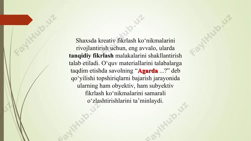 ehnat operatsiyalariga asoslanib yaxlit texnologik jarayonni loyihalash. munosabat bildirish, xulosa yasash; muayyan mezonlarga asosan u yoki bu faoliyat qonun – qoida, tushunchalarning ahamiyatini baholash. o‘quv topshiriqlarining turlari va o‘quv mashg‘ulotlar uchun o‘quv topshiriqlari turlarini shakllantirish. o‘quv materiallarini o‘zlashtirishda ta’lim oluvchini faol harakatga undaydigan omil - o‘quv topshiriqlari hisoblanadi. o‘quv topshiriqlari – o‘rganilayotgan mavzu bo‘yicha talabalar tomonidan o‘zlashtirilgan bilim, ko‘nikma va malakalar darajasini aniqlashga xizmat qiladigan ta’limiy vazifalar yig‘indisi xarakteriga ko‘ra o‘quv topshiriqlarining turlari xotirada saqlash, qayta yodga tushirishni talab etuvchi topshiriqlar raqamlar, ma’lumotlar bilan ishlashda oddiy fikriy operatsiyalarni taqozo etuvchi topshiriqlar raqamlar, ma’lumotlar bilan ishlashda murakkab fikriy operatsiyalarni taqozo etuvchi topshiriqlar ma’lumotlarni e’lon qilishga oid topshiriqlar ijodiy fikrlashni talab etuvchi topshiriqlar d.tollingerova o‘quv topshiriqlari taksonomiyasi xarakteriga ko‘ra o‘quv topshiriqlarining turlari xotirada saqlash, qayta yodga tushirishni talab etuvchi topshiriqlar xabardor bo‘lishga oid topshiriqlar; alohida dalil, son, tushunchalarni yodga olishga doir topshiriqlar; ta’rif, me’yor, qoidalarni yodga olishga oid topshiriqlar; katta hajmdagi matn, …