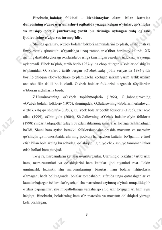 ni ham, rasm-rusumlari va qo`shiqlarini ham kattalar ijod etganlari rost. lekin unutmaslik lozimki, shu marosimlarning birortasi ham bolalar ishtirokisiz o`tmagan; hech bo`lmaganda, bolalar tomoshabin sifatida unga qatnashganlar va kattalar bajargan ishlarni ko`rgach, o`sha marosimni keyinroq o`yinda muqallid qilib o`zlari bajarganlar, shu muqallidlariga yarasha qo`shiqlarni to`qiganlari ham ayni haqiqat. binobarin, bolalarning ham o`z marosim va mavsum qo`shiqlari yuzaga kela boshlagan. bu jarayon davr o`tishi, turmush sharoitining o`zgarishi, yangicha ijtimoiy munosabatlarning tug`ila borishi tufayli u yoki bu marosimning tamoman yo`qolishi, yo shunchaki kattalar o`rtasida nufuzini yo`qotishi natijasida o`sha marosim bolalar o`yini yoki ijrochiligida yashash shakliga o`tishi bilan yanada chuqurlasha borgan. bunday holatni «boychechak», «chittigul», «binafsha», «oppoqijon» kabi mavsum qo`shiqlari misolida yaqqolroq ko`rish mumkin. o`zbek bolalar folklori namunalari tabiatidan kelib chiqib, genetik asoslariga ko`ra uni uch qismdan tarkib topgan hodisa sifatida kuzatish mumkin. ma’lumki, adabiyot va sa’nat asarlari jamiyat taraqqiyotining muayyan bosqichlarida uning ehtiyojlari tufayli yuzaga kelib, mazkur jamiyat hayotini ifoda etib, aks …