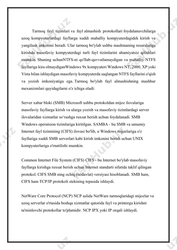inalari uchun saqlash kirish ta'minlash maqsadida, uning vsphere mahsulotlari nfs qo'llab-quvvatlaydi. microsoft hyper-v tcp/ip orqali ham ishlaydi va windows 2000-dan beri windows operatsion tizimlariga kiritilgan server message block (smb) deb nomlangan raqobatdosh protokol yordamida faylga asoslangan saqlashni qo'llab-quvvatlaydi . microsoft widows server 2012 smb deb nomlangan texnologiyani ham qo'llab-quvvatlaydi. fayllarni uzatish va tarmoqqa ishlov berishni avtomatlashtirish fayllar orqali ma'lumot almashish hali ham avtomatlashtirishda mavjud. axborotga ega fayllar asenkron ma'lumotlar almashinuvi uchun tizimlar o'rtasida ma'lumotlar paketlari sifatida ishlatiladi. zamonaviy infratuzilmalarda fayllar tarmoqda ham almashiladi. tarmoqda xavfsiz va autentifikatsiya qilingan ma'lumotlarni uzatish uchun ishlatilishi mumkin bo'lgan protokollar mavjud. opc routerning network file access plagini bilan fayllarni qayta ishlash va tarmoq bo'ylab fayllarni uzatishni amalga oshirish mumkin. plagin ftp (file transfer protocol) va smb (server message block) protokollarini qo'llab-quvvatlaydi.. fayllar ftp orqali istalgan tarmoqdagi fayl serverlari o'rtasida almashish mumkin, agar ular tegishli ftp server xizmatini taklif qilsa. smb protokoli asosan microsoft windows tizimlarida …
