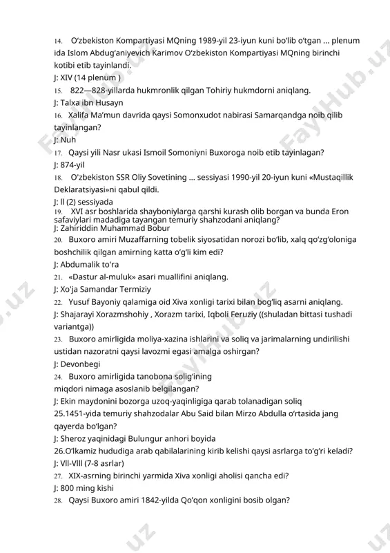 o'zbekiston ssr oliy sovetining ... sessiyasi 1990-yil 20-iyun kuni «mustaqillik deklaratsiyasi»ni qabul qildi. j: ll (2) sessiyada 19. xvi asr boshlarida shayboniylarga qarshi kurash olib borgan va bunda eron safaviylari madadiga tayangan temuriy shahzodani aniqlang? j: zahiriddin muhammad bobur 20. buxoro amiri muzaffarning tobelik siyosatidan norozi bo‘lib, xalq qo‘zg‘oloniga boshchilik qilgan amirning katta o‘g‘li kim edi? j: abdumalik to'ra 21. «dastur al-muluk» asari muallifini aniqlang. j: xo'ja samandar termiziy 22. yusuf bayoniy qalamiga oid xiva xonligi tarixi bilan bog’liq asarni aniqlang. j: shajarayi xorazmshohiy , xorazm tarixi, iqboli feruziy ((shuladan bittasi tushadi variantga)) 23. buxoro amirligida moliya-xazina ishlarini va soliq va jarimalarning undirilishi ustidan nazoratni qaysi lavozmi egasi amalga oshirgan? j: devonbegi 24. buxoro amirligida tanobona solig‘ining miqdori nimaga asoslanib belgilangan? j: ekin maydonini bozorga uzoq-yaqinligiga qarab tolanadigan soliq 25.1451-yida temuriy shahzodalar abu said bilan mirzo abdulla o‘rtasida jang qayerda bo‘lgan? j: sheroz yaqinidagi bulungur anhori boyida 26.o’lkamiz hududiga arab …
