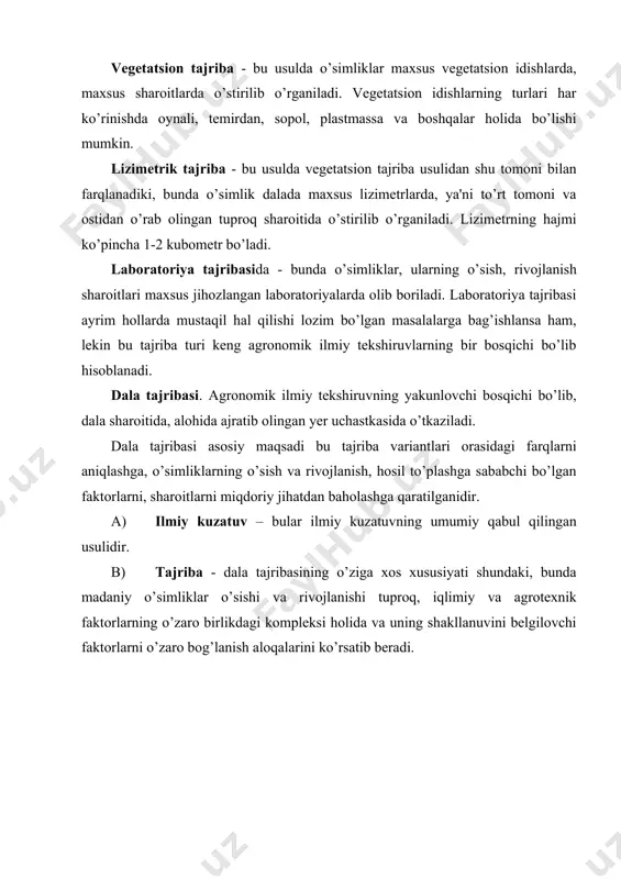 , sisimavzutik va standart usullarni ham o’ylab ko’rish kerak. variantlarni dala uchastkalariga joylashtirishda tuproq unumdorligini ahamiyatini ham e'tiborga olish lozim. entomologiya va fitopatologiya bo’yicha ilmiy tadqiqotlarda foydalaniladigan maxsus usullarni xususiyatlarini o’zlashtirish kerak. uslubiy ko’rsatmalar: tajribada delyankalarini joylashtirish usullari tajriba maydonidagi tuproq unumdorligiga nisbatan bir xilda bo’lishni ta'minlashi lozim. bu talablarga rioya qilinishi variantlarni solishtirishda va natijalarni ishonchliligini va tajribada xatoliklarni kam bo’lishini ta'minlaydi. dala tajribalarida variantlarni joylashtirish usullarini tanlash ko’p omillarga bog’liq – sxemadagi variantlar soni, tajriba o’tkazishning texnik shartlari, uchastkaning umumiy maydoni va asosan tuproq unumdorligini turlicha bo’lishidir. tajriba ishlari, shu jumladan uning shakli bo’lgan dala tajribasining metodika tushunchasida uni tashkil etuvchi elementlar: variantlar soni, tajriba maydonchasi (dekeka)ning sathi, shakli va yo’nalishi; takrorlanishlar variantlarni er maydonida joylashtirish sismavzusi, hosilni hisob etish va tajribani vaqt davomida (muddati bo’yicha) tashkil etishlar tushuniladi. variantlar soni. tajriba varianti deb, o’rganiluvchi o’simliklar, sort, agrotexnik tadbirlar, o’simlikni o’sish va rivojlanish sharoitlari va boshqalarga aytiladi. tajriba …