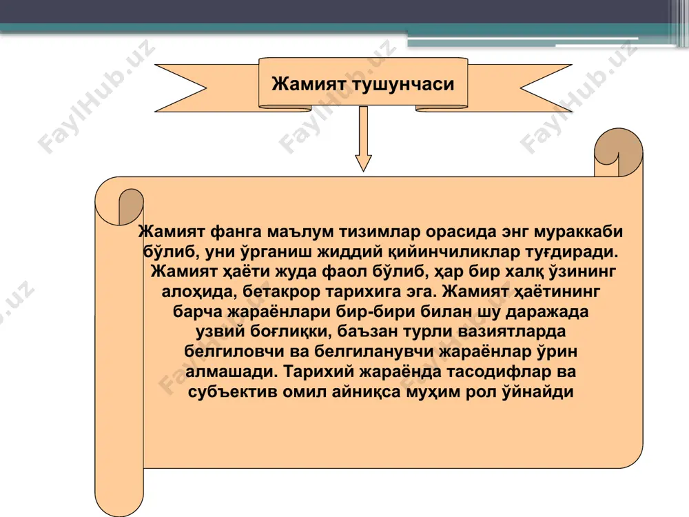 ушунтирувчи тамойил сифатида фойдаланиш ҳеч қачон мумкин эмас, деганида, маълум маънода ҳақ эди. аммо, далилий маълумотлар озлигига қарамай, биз жамиятнинг вужудга келиш манзарасини анча аниқ яратиш имконини берадиган илмий далилларга ишонч билан қараш лозим деб ҳисоблаймиз жамиятнинг келиб чиқишини илмий тавсифлаш борасидаги қарашлар бундай қарашлар меҳнат ва меҳнат қуроллари марксча назарияси доира- сида амалга оширилган. бу назарияга кўра меҳнат, сўнгра бурро нутқ инсон жамиятини яратган. з.фрейд инсон виждонини унинг келиб чиқиш манбаи деб ҳисоблаган. инсон ҳаётида меҳнат қуролларининг аҳамиятини рад этмаган ҳолда, бу фаразни тасдиқловчи аниқ илмий далилларга дуч келмадик. 12 к.маркс (1818-1883) ф.энгельс (1820-1895) жамиятни ўз-ўзидан ривожланадиган, иқтисодий ривожланишнинг бир босқичидаги барча мамлакатлар учун умумий бўлган ўта мураккаб тизим сифатида тавсифлайди. 13 герберт спенсер (1820-1903) социологияда органик йўналиш асосчиси жамиятга индивидлар бирлашмаси сифатида ёндашади. унинг фикрича, мазкур индивидларнинг ривожланишидаги фарқлар жамият эволюциясининг дастлабки шартлари ҳисобланади. 14 э.дюркгейм (1858-1917) жамиятни тушунишни қадриятлар тизими билан боғлаган, фақат шу йўл билан тарихни …